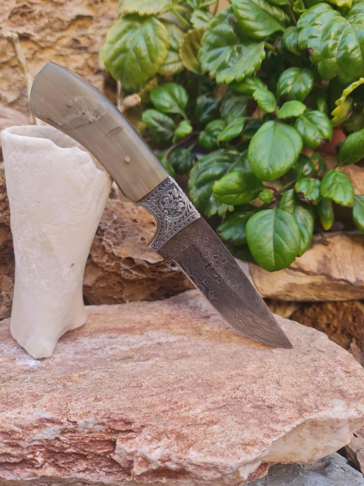 Handmade 22cm Premium Hunting Knife with Raindrop Damascus Steel - Ibex Horn & Stainless Steel with Master Hand-Engraved
