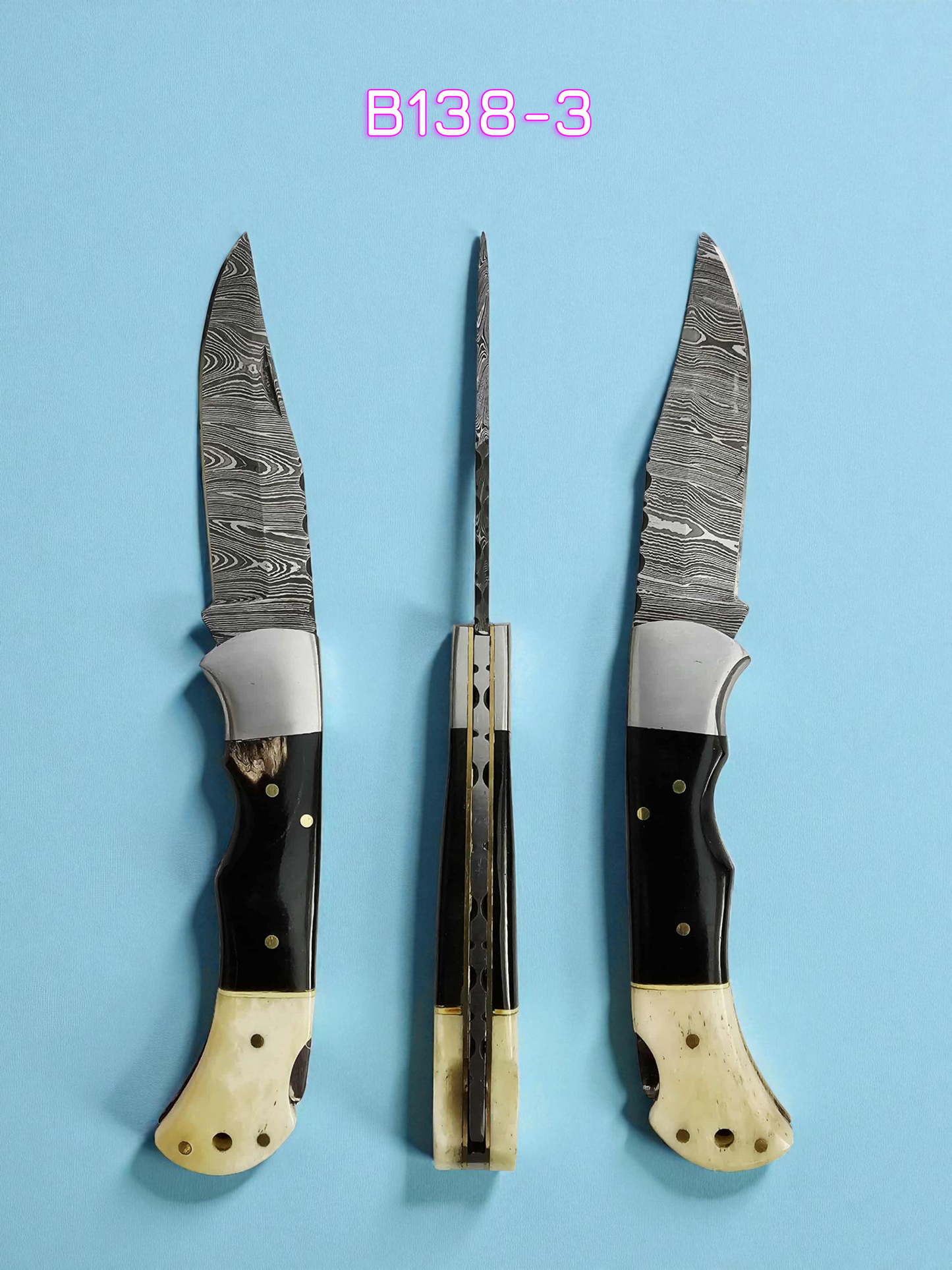 B138 Handmade Pocket Knife – Damascus Steel - Camel Bone & Buffalo Horn