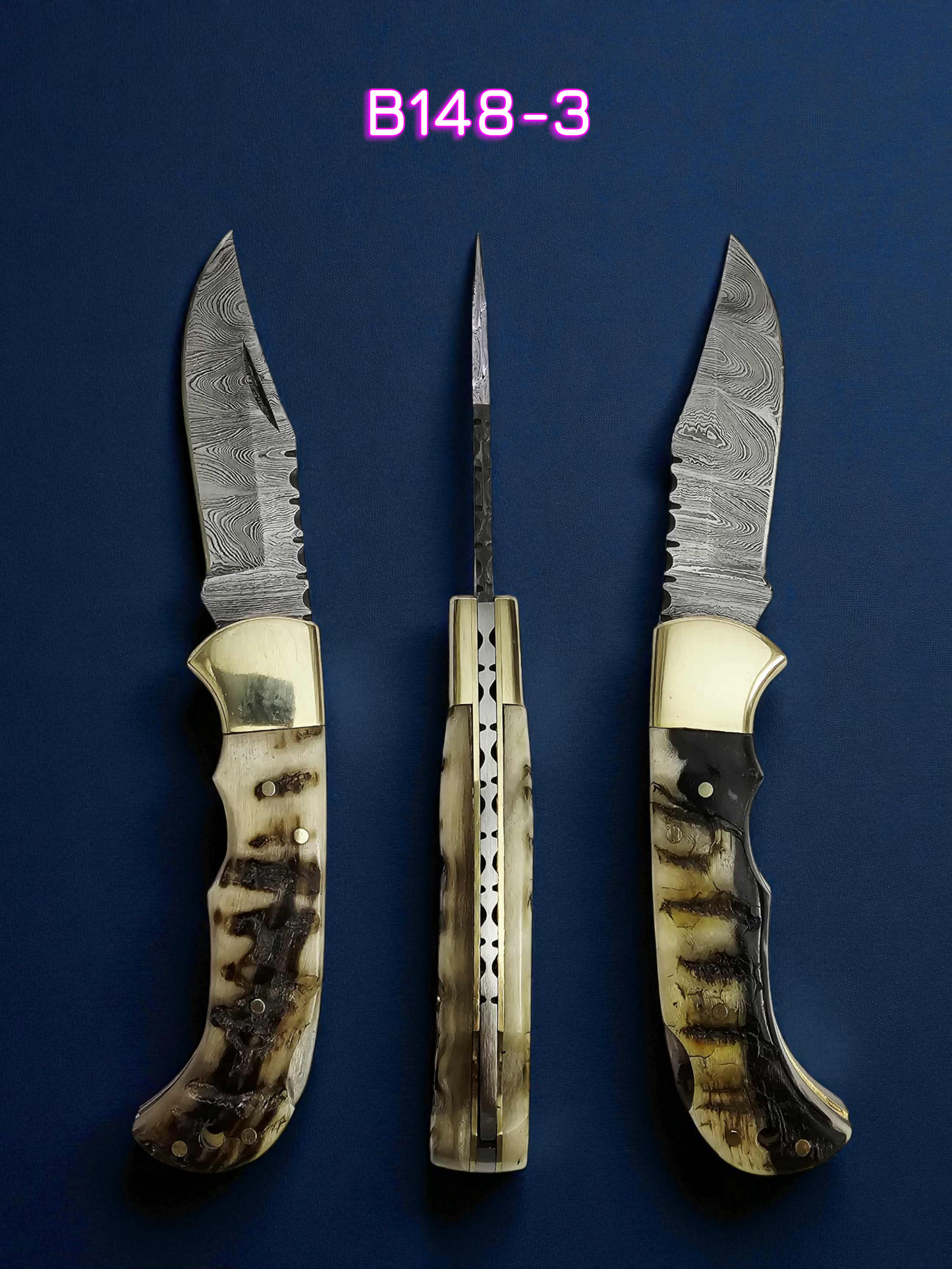 B148 Handmade Pocket Knife – Damascus Steel & Ram Horn