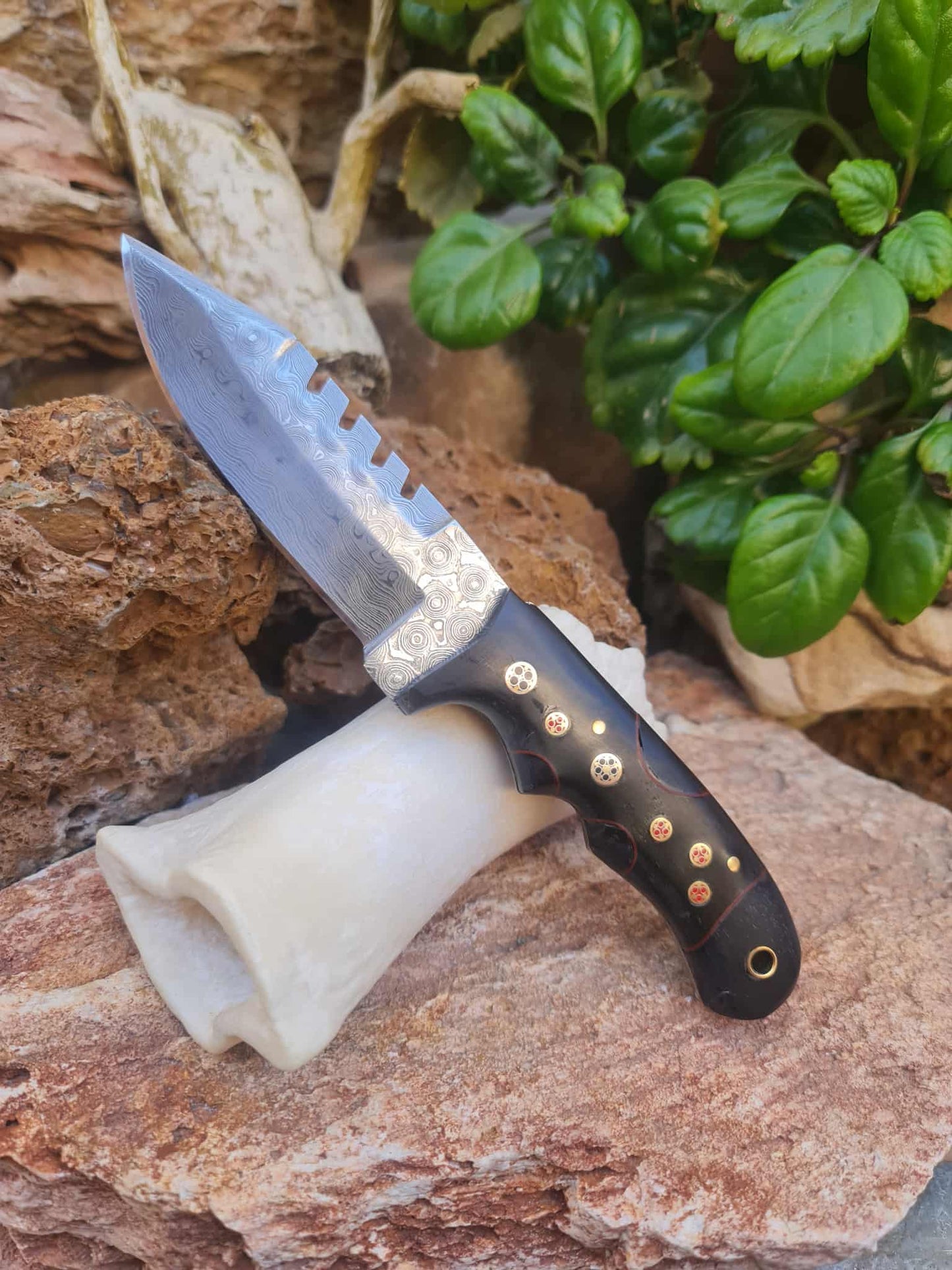 Handmade 21cm Hunting Knife with Raindrop Damascus Steel & Buffalo Horn