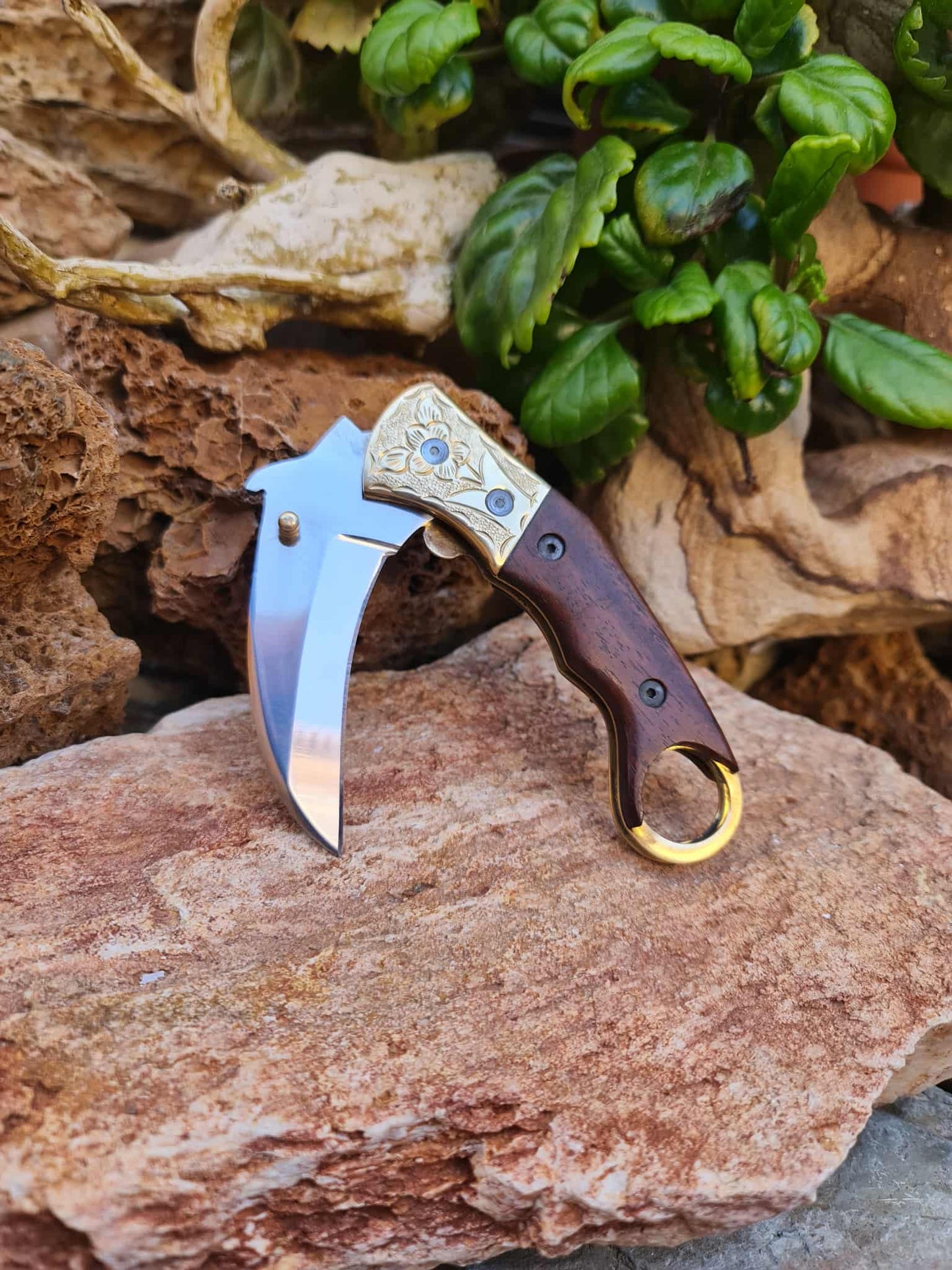 Handmade Karambit – 19cm Folding Knife with Stainless Steel 12C27 - Walnut Wood & Hand Engraved Brass