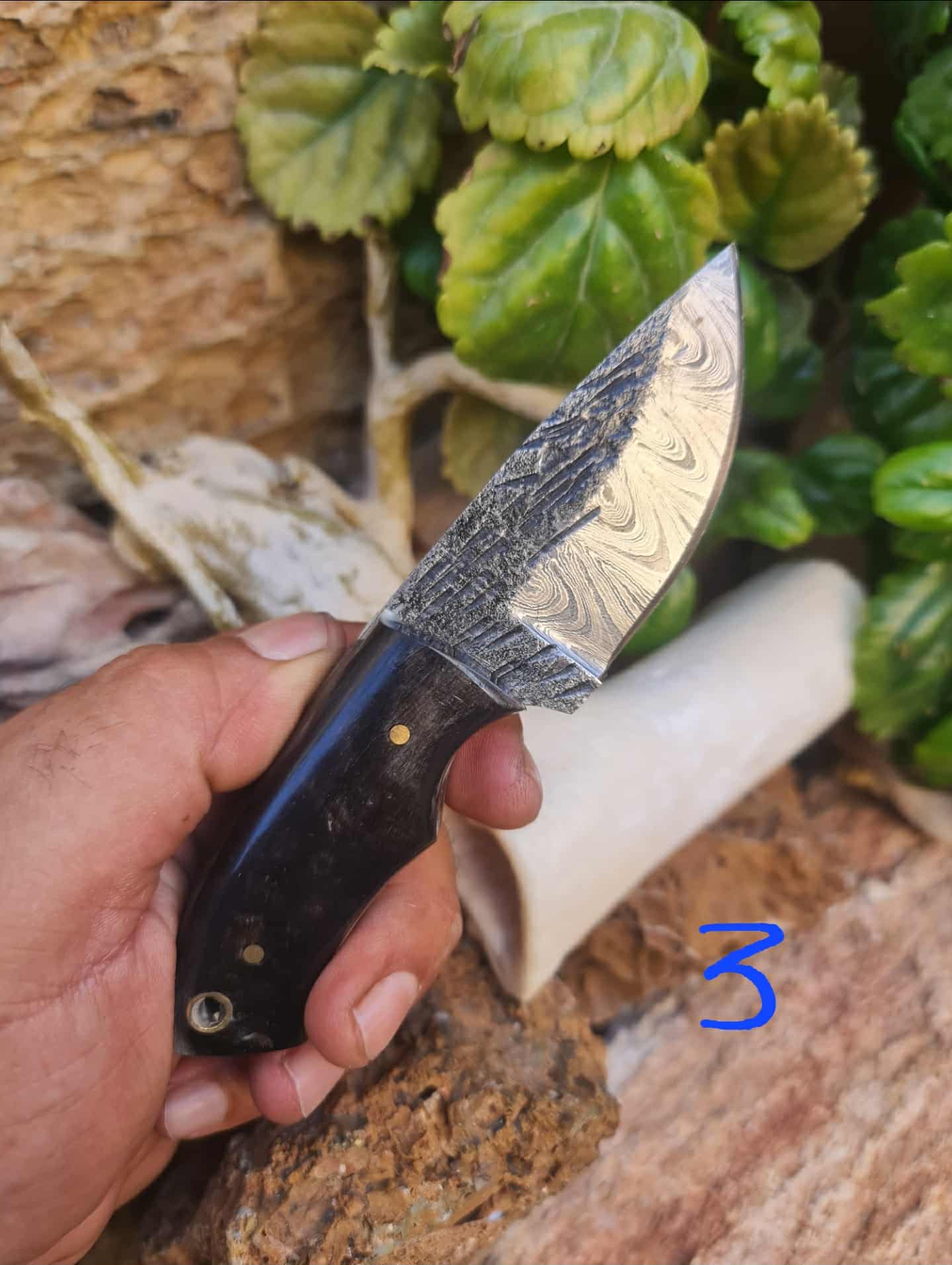 Handmade 15cm Mini Skinner Knife with Damascus Steel & Ram Horn