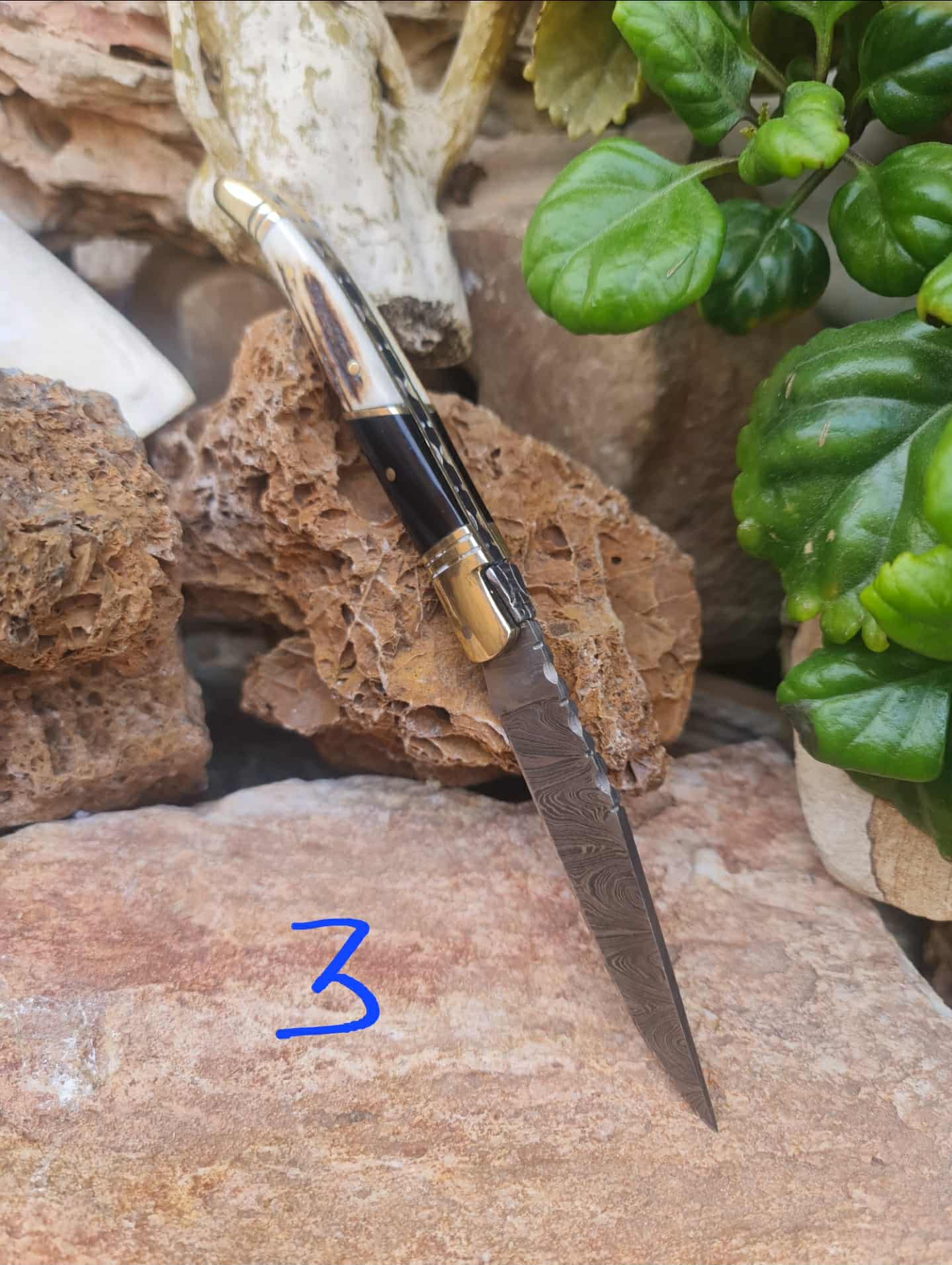 Handmade 22cm Laguiole Classique with Damascus Steel - Red Deer antler - Buffalo Horn & Brass