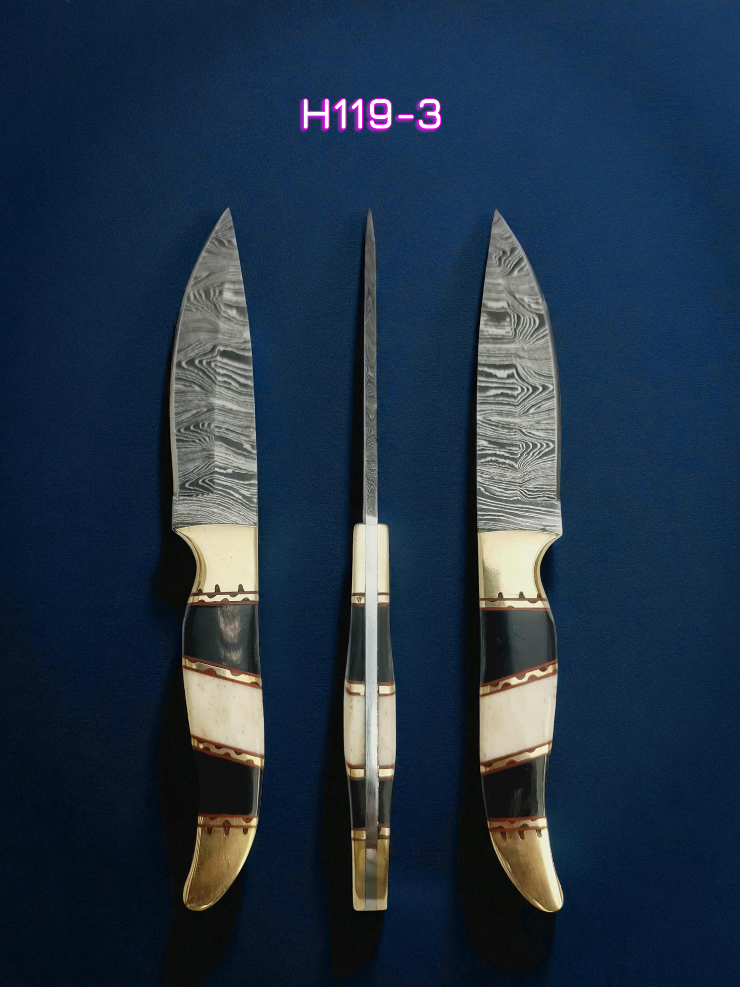 H119 Handmade Mini Hunting Knife - Damascus Steel - Buffalo Horn & Camel Bone