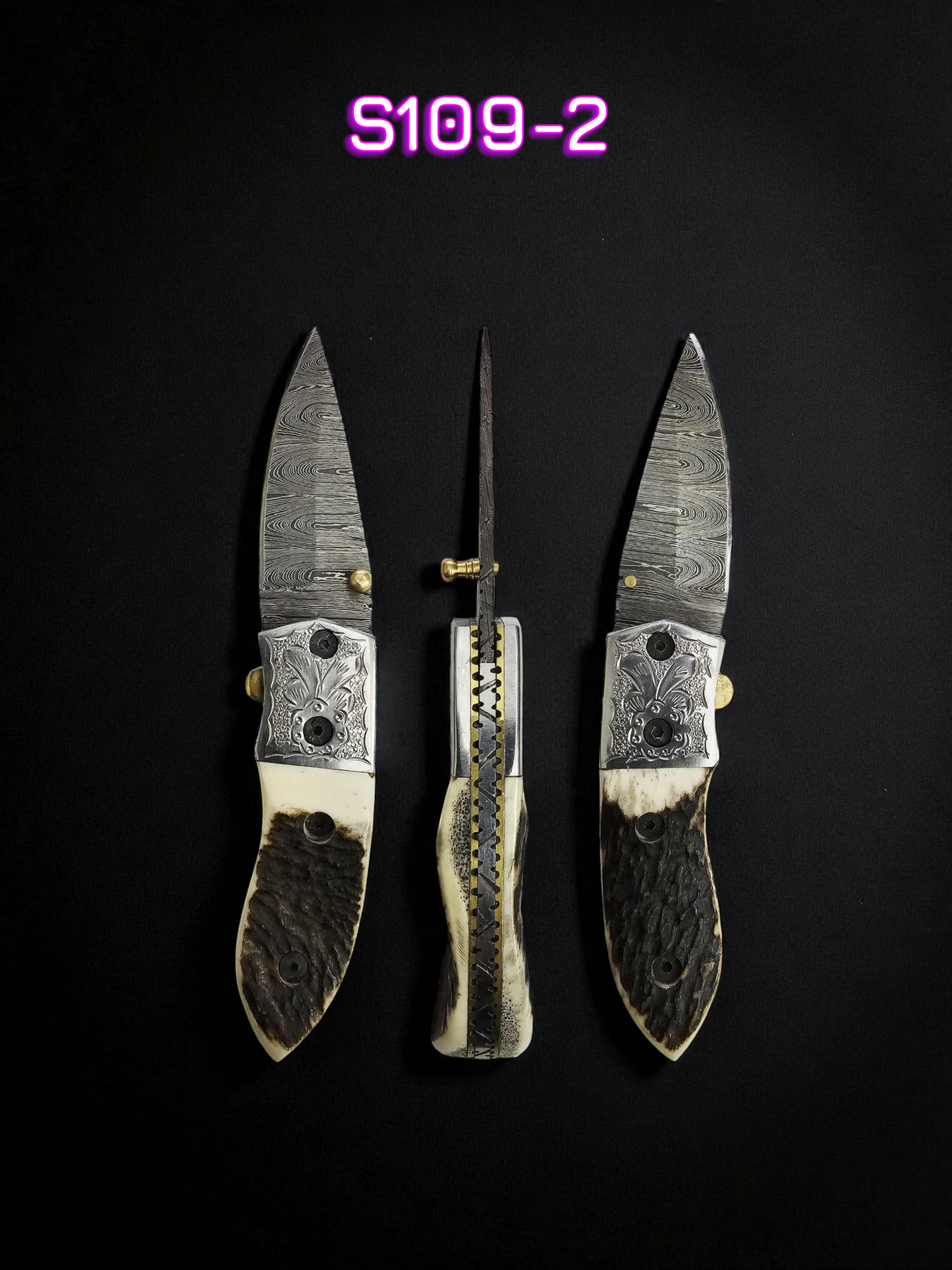 S109 Handmade Stalwart EDC - Damascus Steel & Red Deer Antler