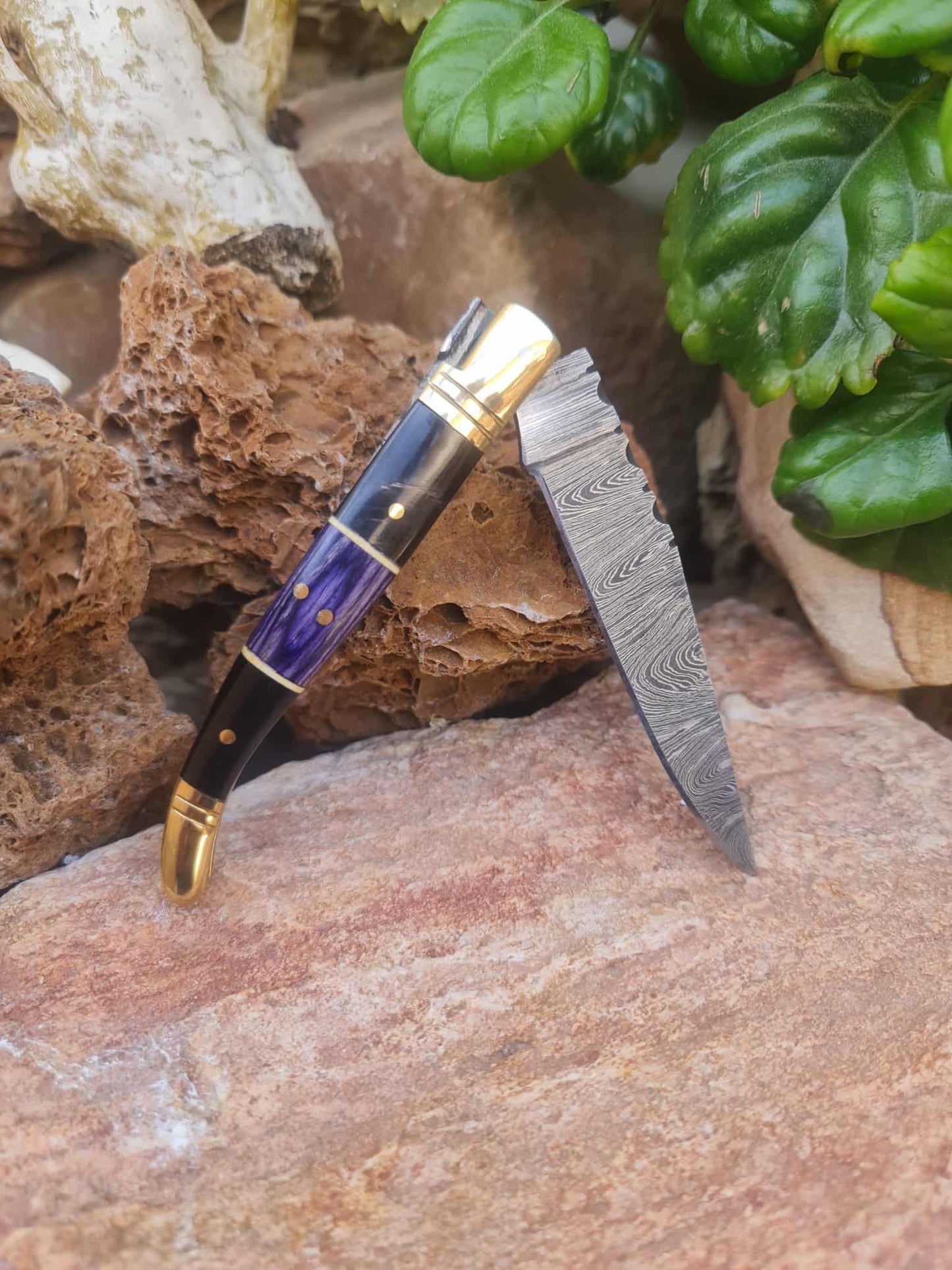 Handmade 22cm Laguiole Classique with Damascus Steel - Buffalo Horn - Stabilized wood & Brass