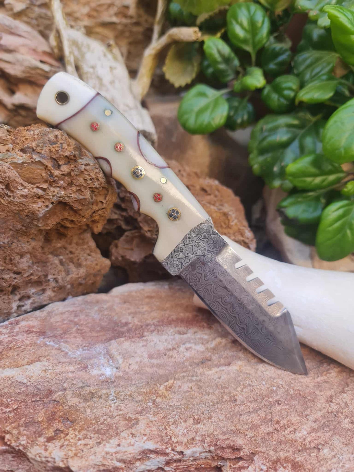 Handmade 20cm Hunting Knife with Raindrop Damascus Steel & Camel Bone