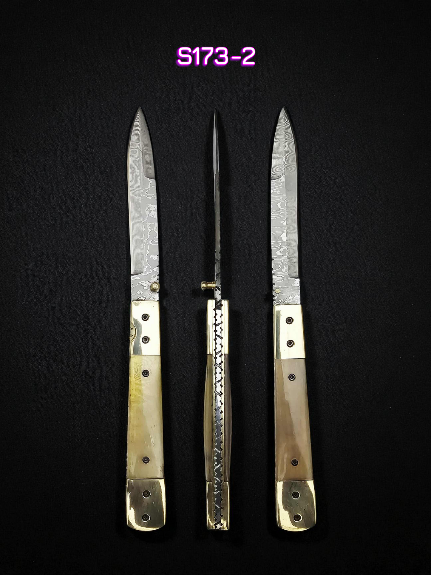 S173 Handmade Stiletto - New-Gen Damascus Steel (Rust Free) & Polished Ram Horn