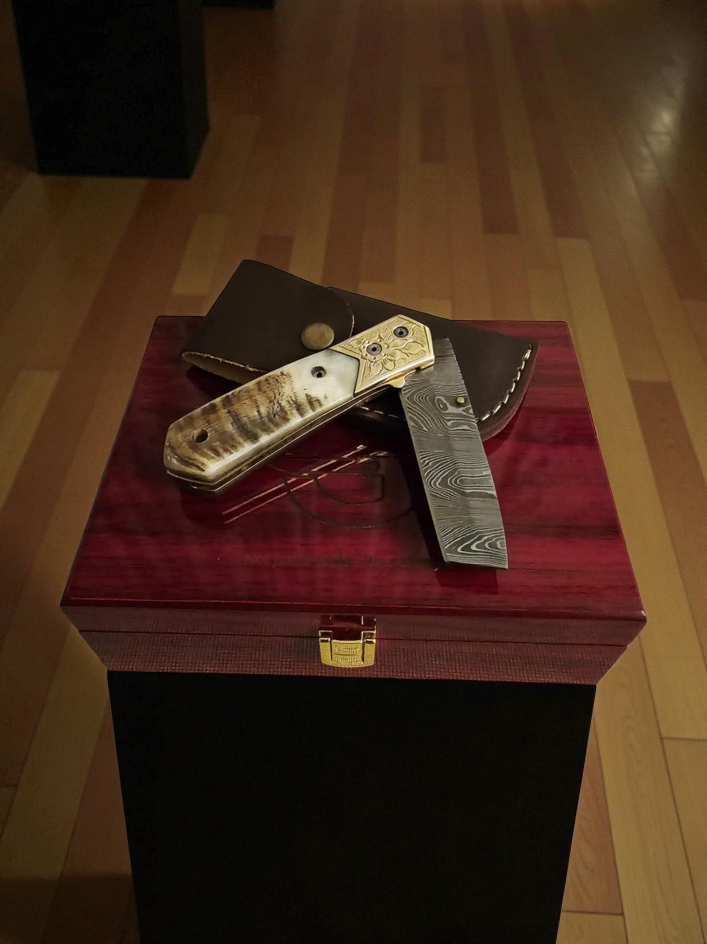 S114G – Handmade Tanto EDC + Leather Sheath & Premium Wooden Gift Box