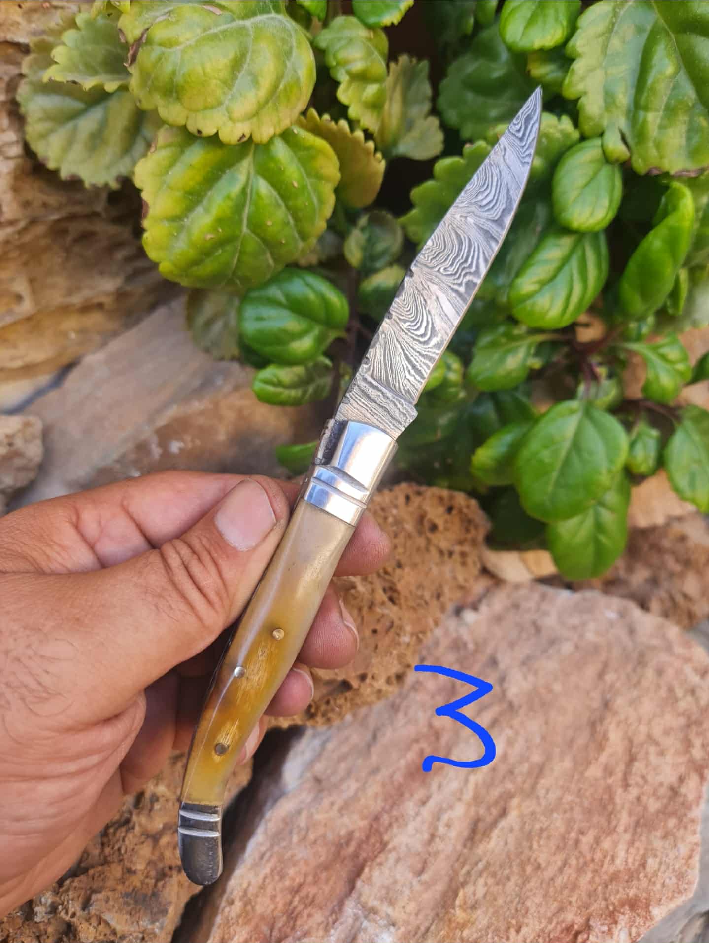 Handmade 22cm Laguiole Rustique with Damascus Steel - Ram Horn with D2 Stainless Steel