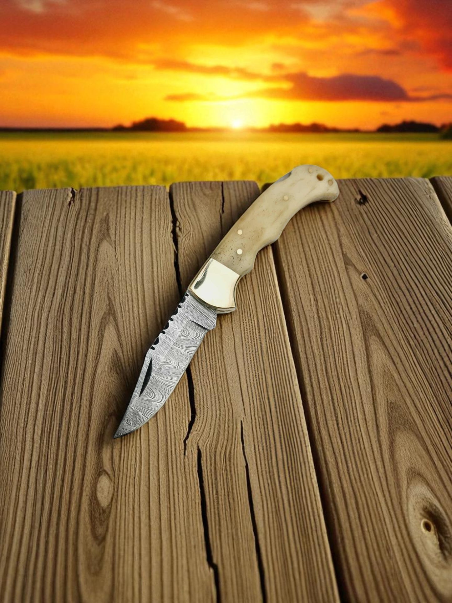 B147 Handmade Pocket Knife – Damascus Steel & Camel Bone