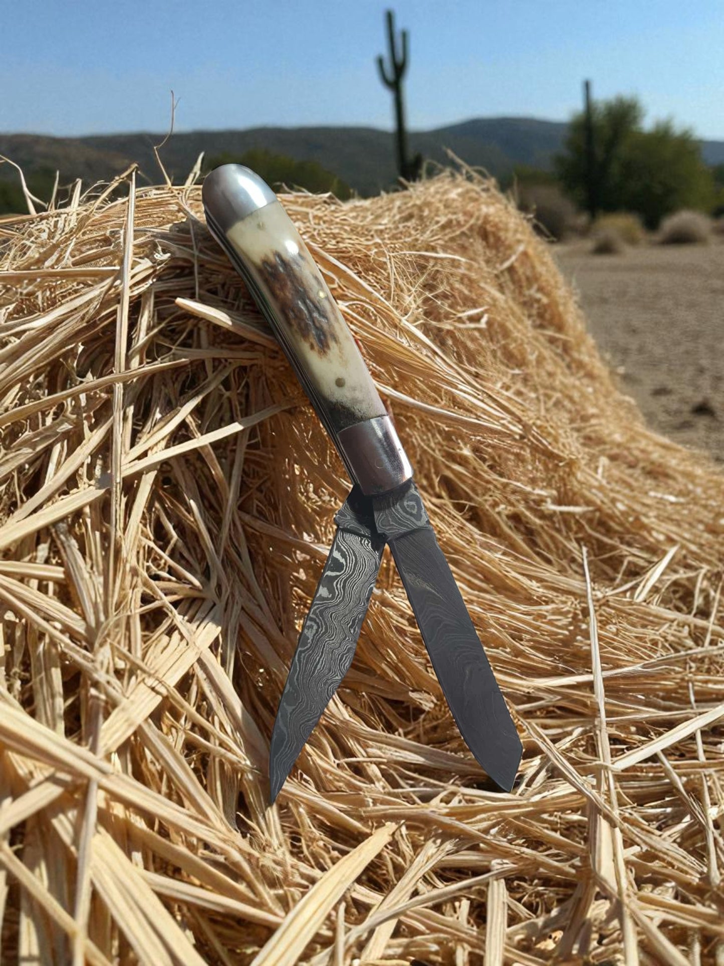 B152 Handmade Pocket knife – Double Damascus Blades & Red Deer antler