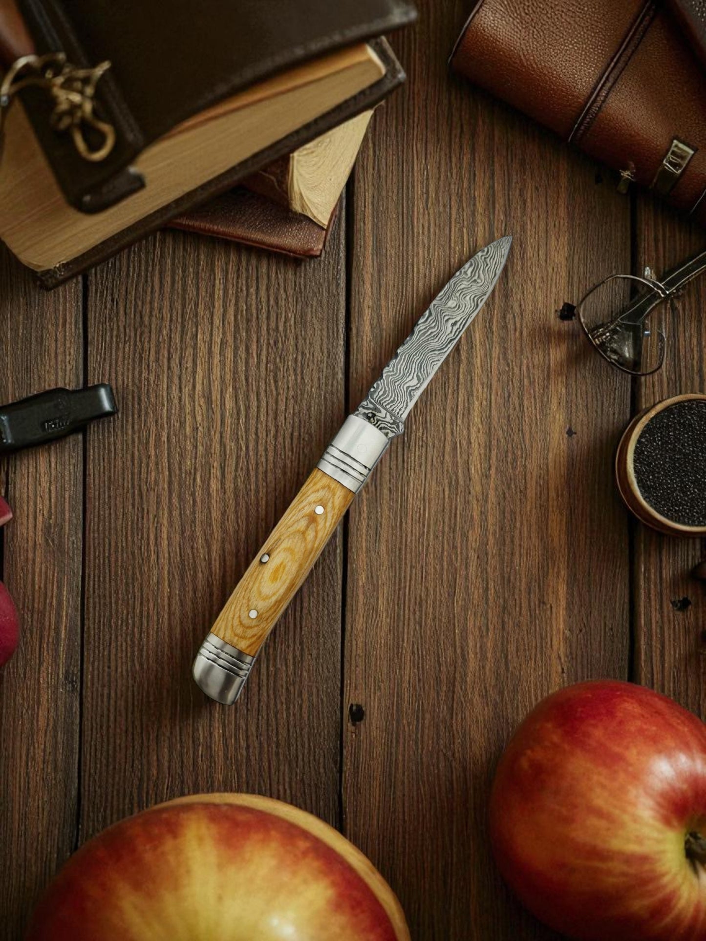 B164 Handmade Pen Pocket Knife - Damascus Steel & Stabilized Resin Wood
