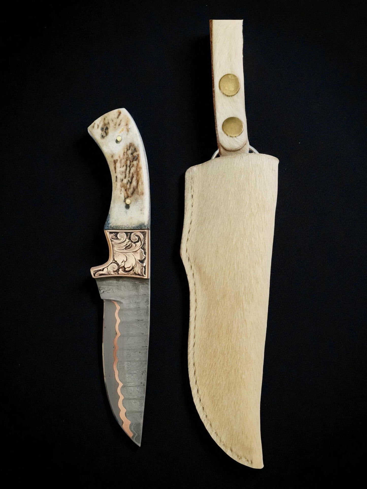 H136 Handmade Premium Knife - Damascus with Copper & Red Deer antler