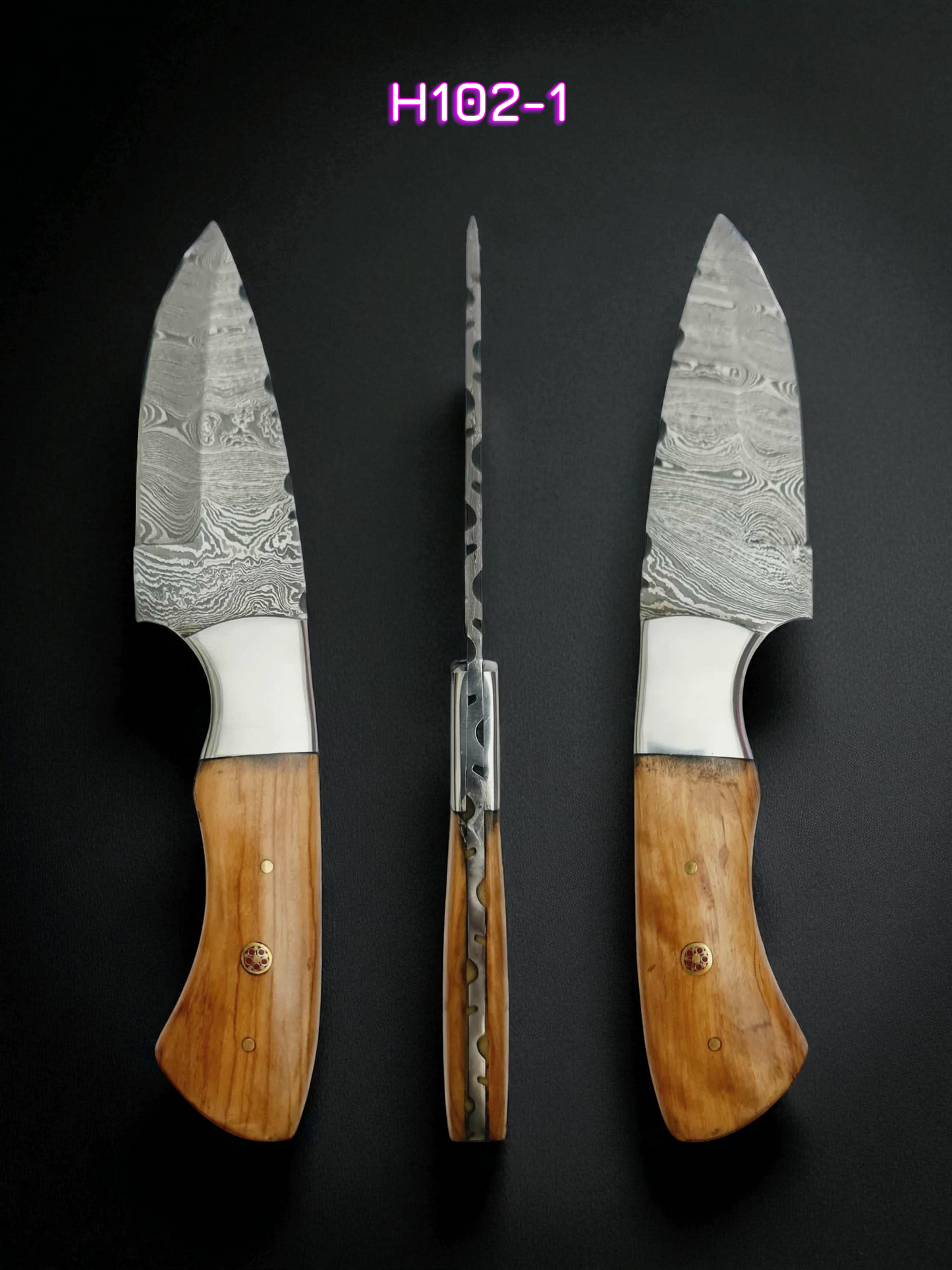 H102 Handmade Skinner Knife - Damascus Steel & Olive woo