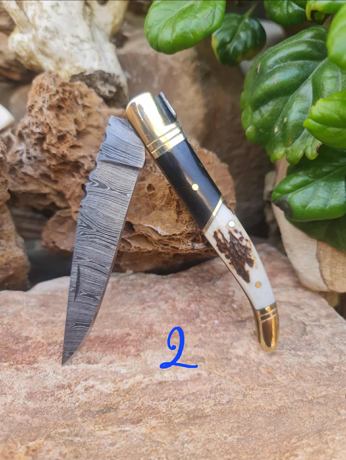 Handmade 22cm Laguiole Classique with Damascus Steel - Red Deer antler - Buffalo Horn & Brass