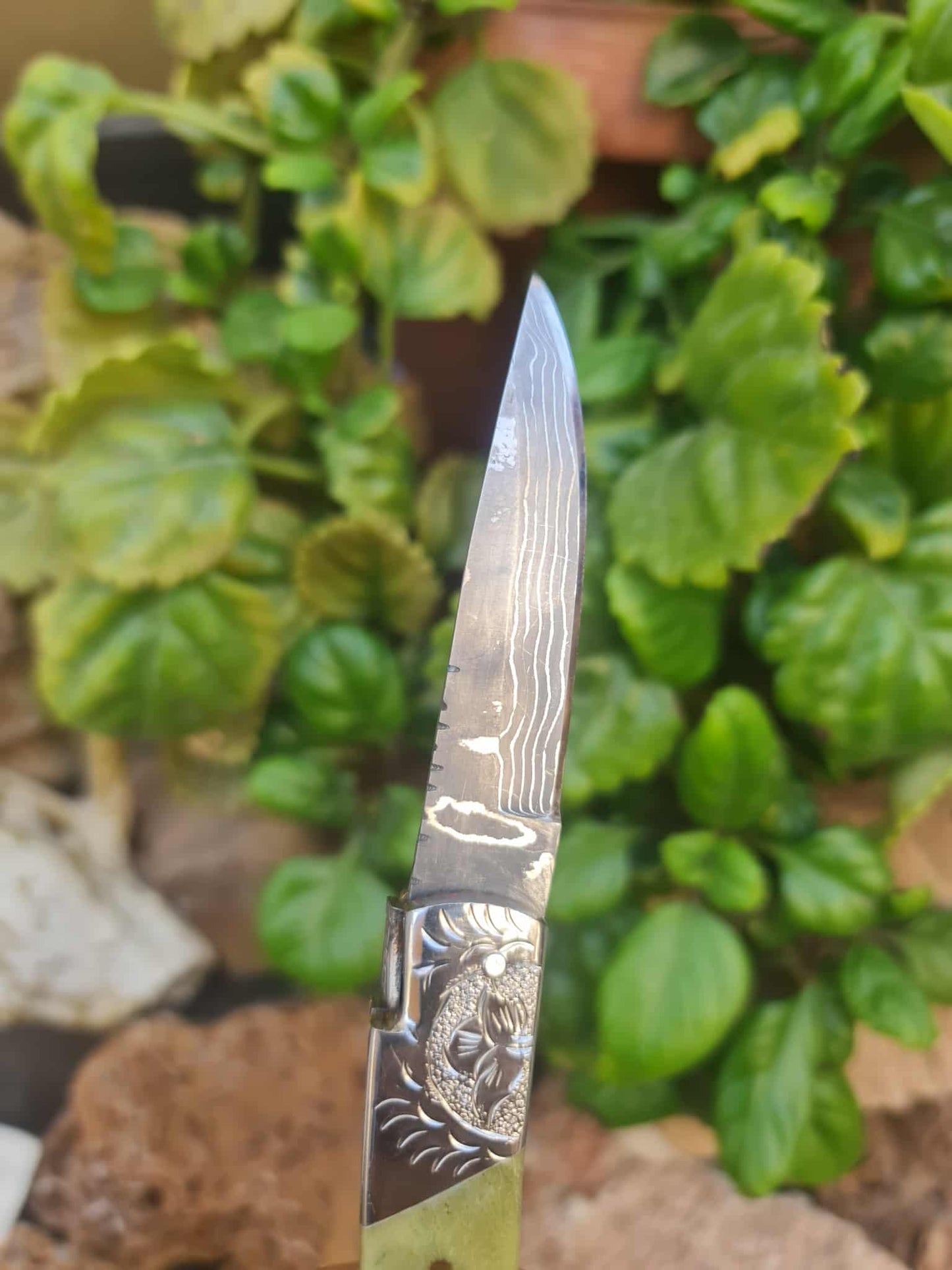 Handmade 16cm Laguiole de Poche with Stainless Damascus® - Stabilized Camel Bone & Hand Engraved AEB-L Steel