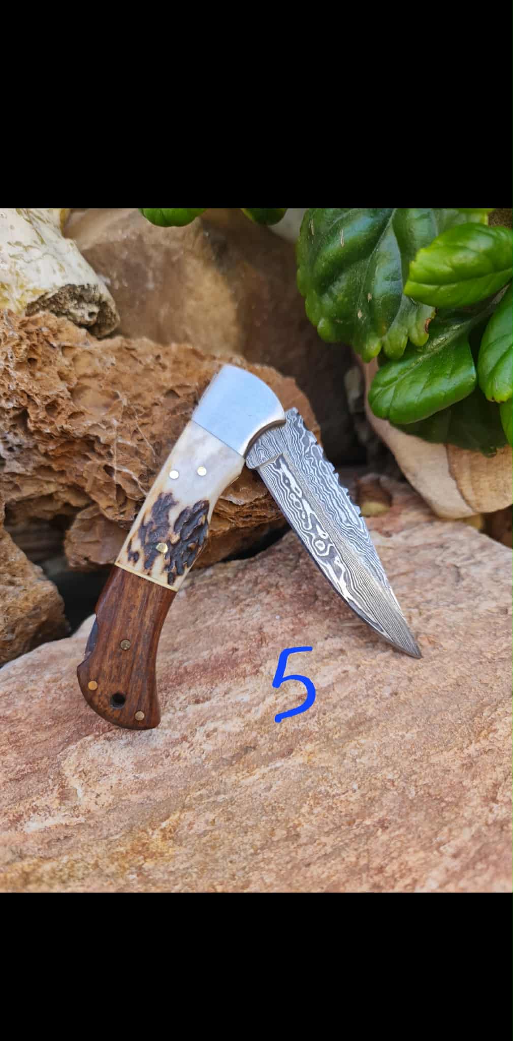 Handmade 19cm Pocket Knife with Damascus Steel - Red deer antler - Walnut wood & D2 Stainless Steel