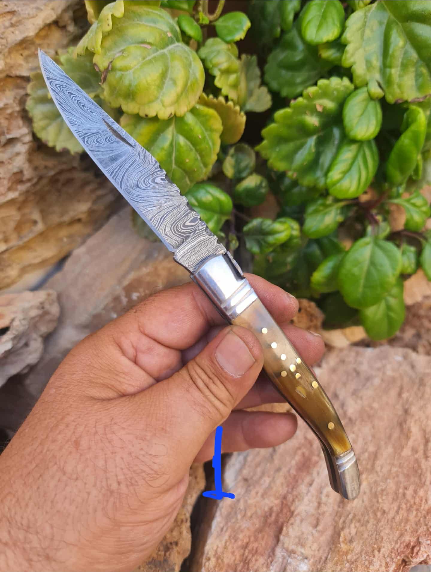 Handmade 22cm Laguiole Rustique with Damascus Steel - Ram Horn with D2 Stainless Steel