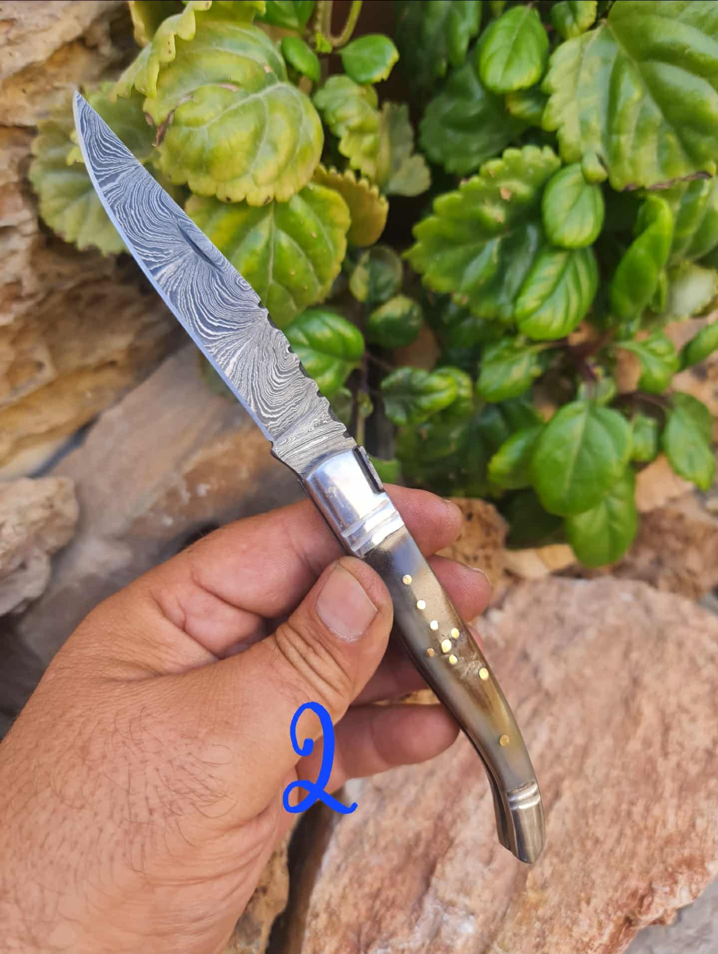Handmade 22cm Laguiole Rustique with Damascus Steel - Ram Horn with D2 Stainless Steel