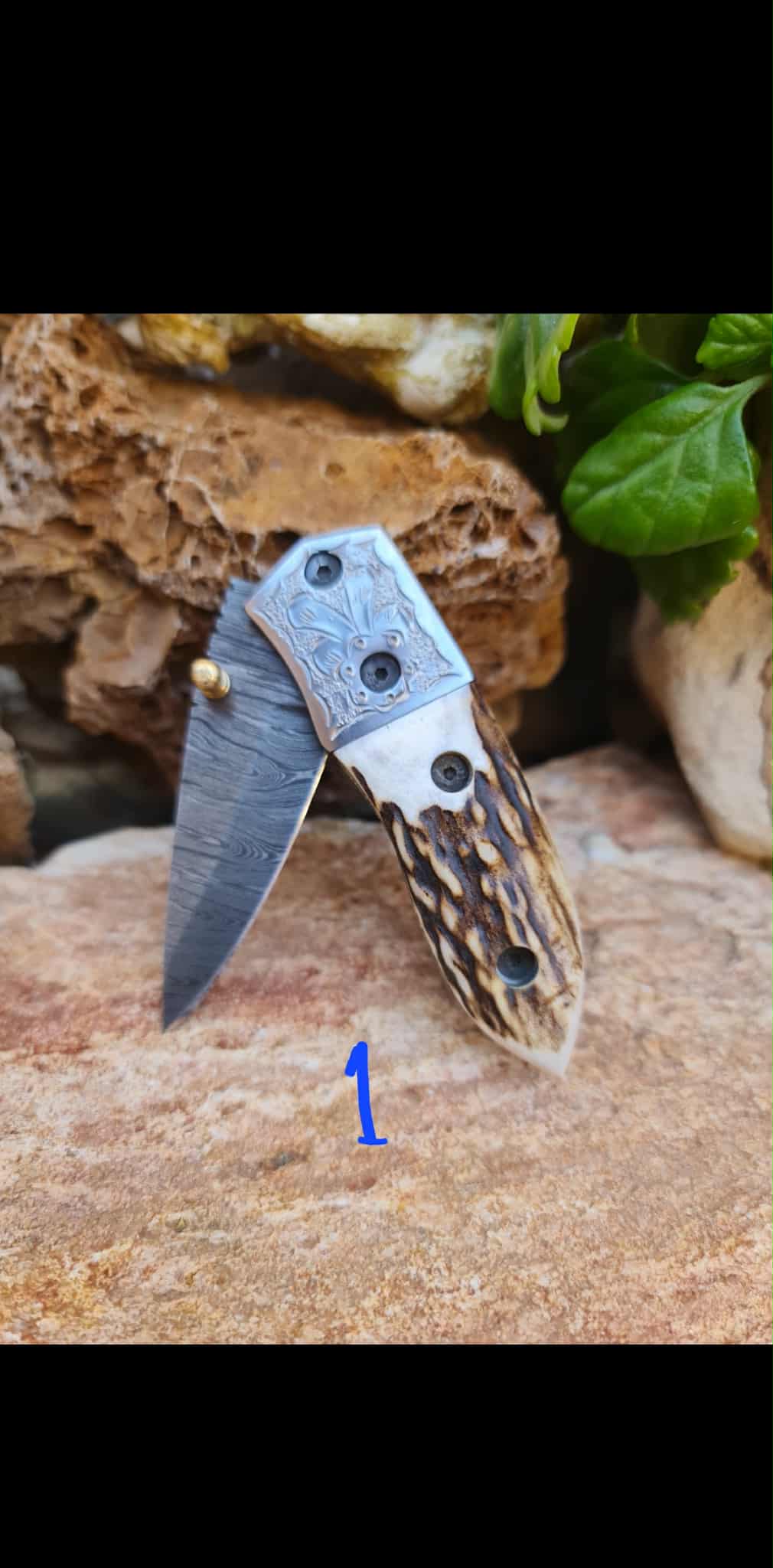 Handmade Limited Edition with Serial Number 16cm Knives with Damascus Steel - Red Deer antler & Hand Engraved Stainless Steel D2 (Exclusive Knife with Serial Number)