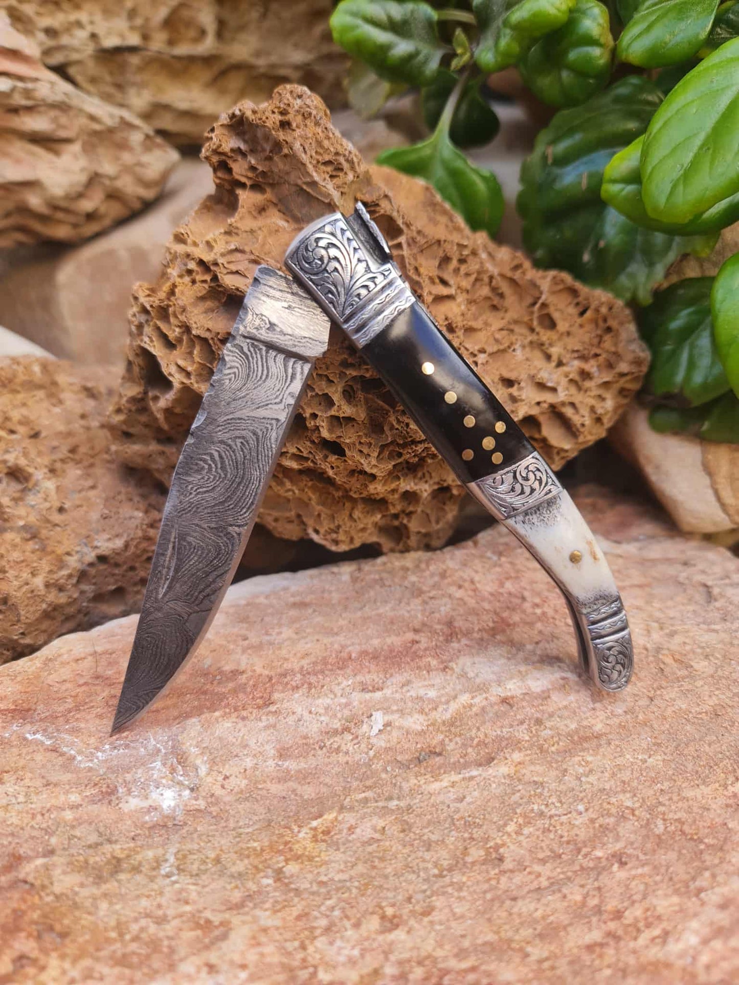 Handmade 22cm Laguiole Rustique with Damascus Steel - Buffalo Horn - Red Deer antler & 420 Stainless Steel with Master Hand-Engraved