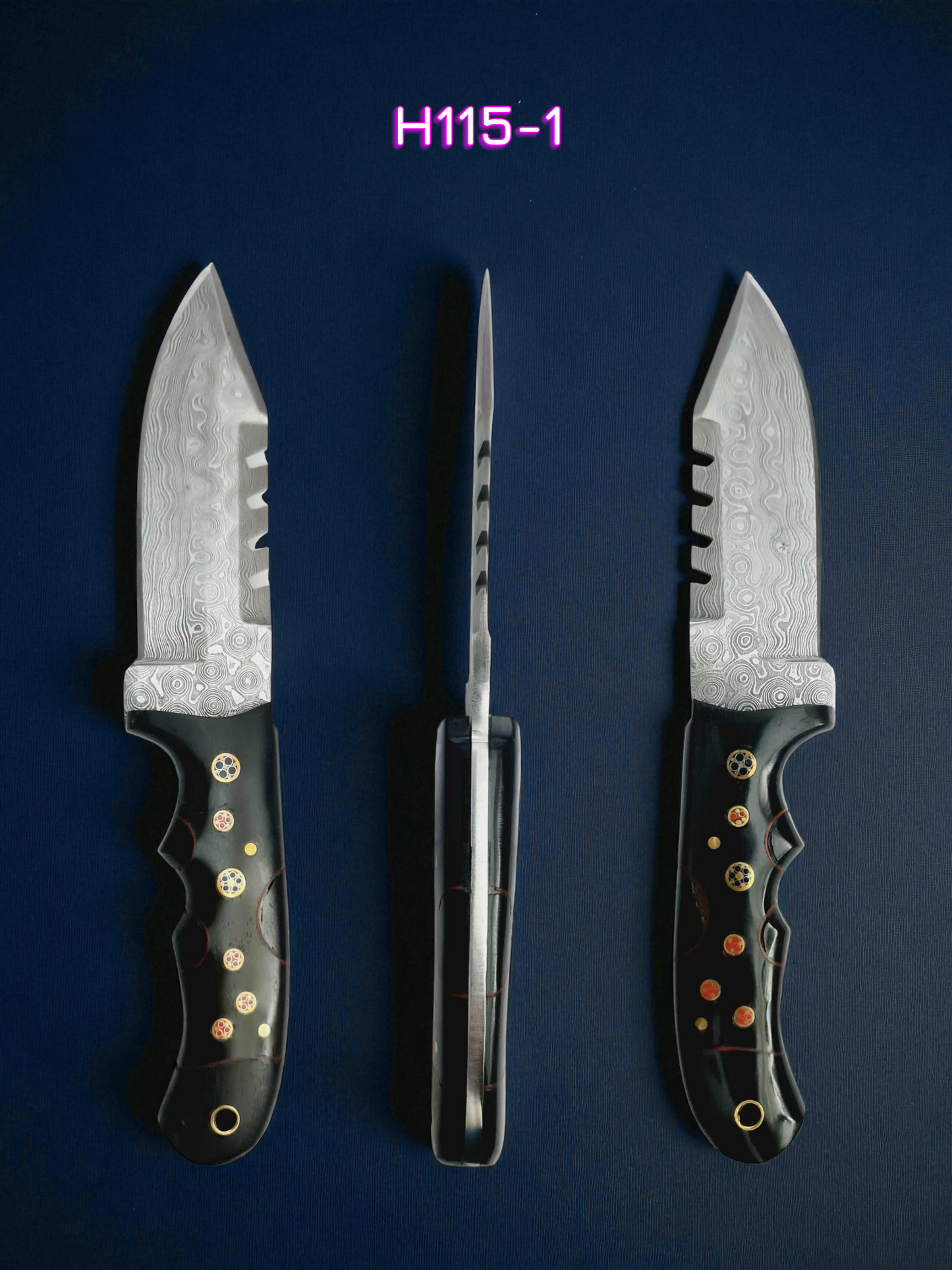 H115 Handmade Hunting Knife - Raindrop Damascus Steel & Buffalo Horn