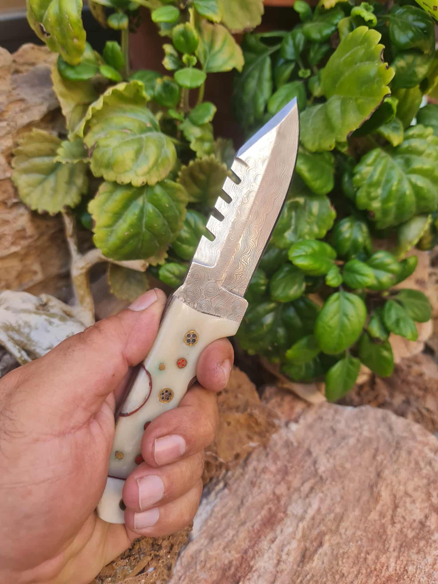 Handmade 20cm Hunting Knife with Raindrop Damascus Steel & Camel Bone