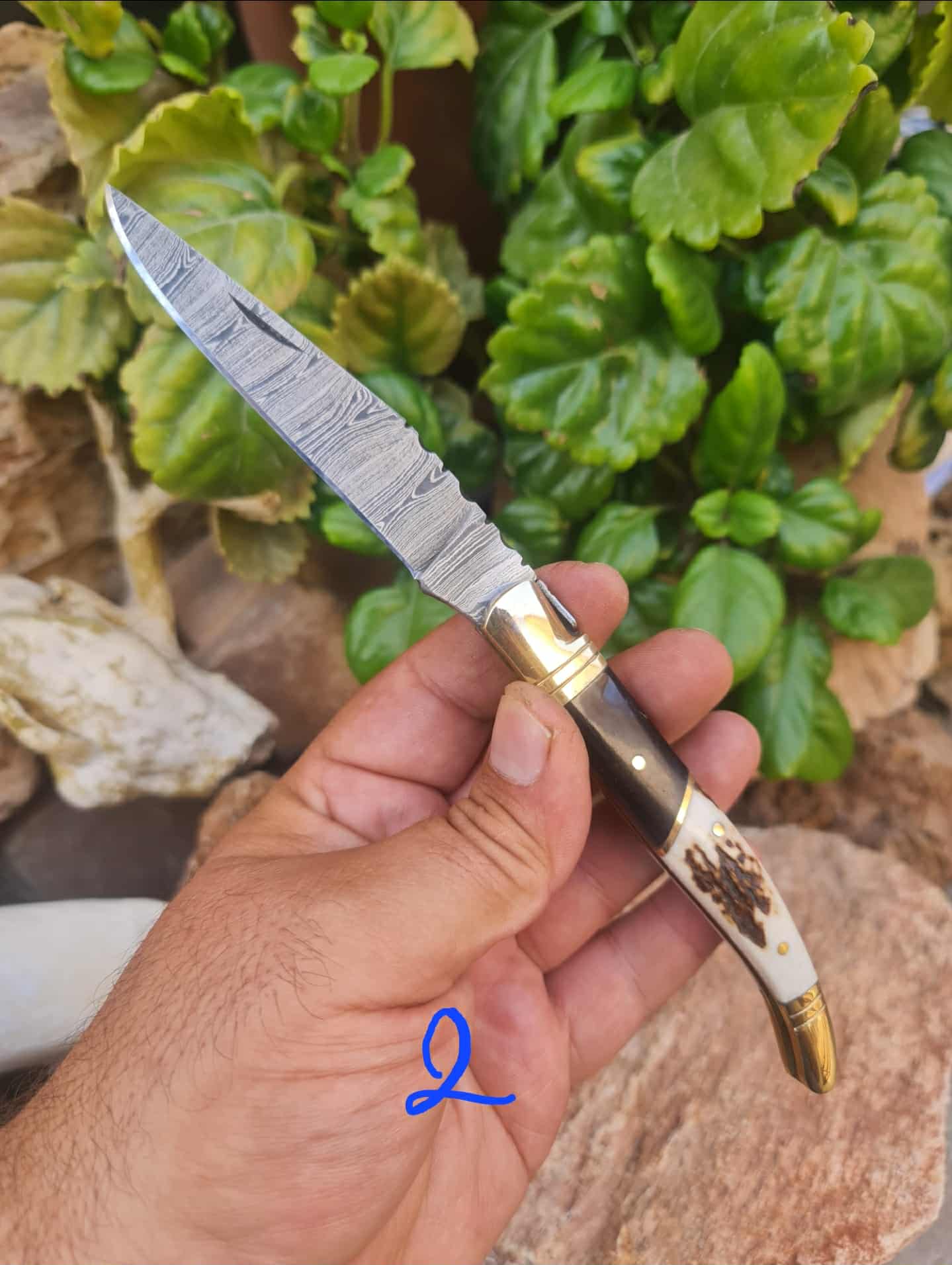 Handmade 22cm Laguiole Classique with Damascus Steel - Red Deer antler - Buffalo Horn & Brass