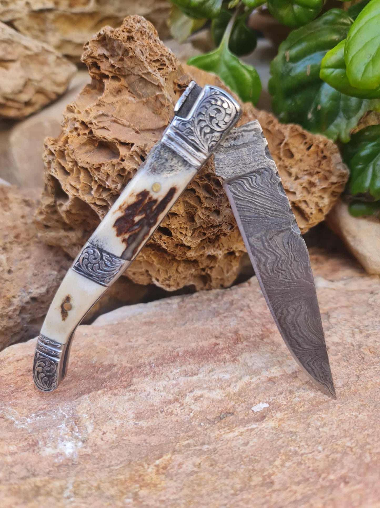 Handmade 22cm Laguiole Rustique with Damascus Steel - Red Deer antler & 420 Stainless Steel with Master Hand-Engraved
