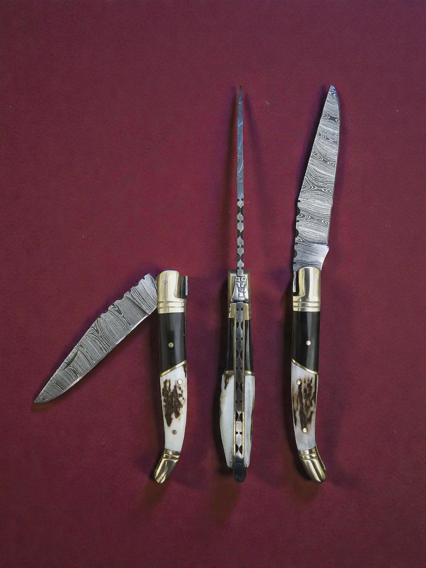 F017 - Χειροποίητο Laguiole Classique από Δαμασκηνό Ατσάλι - Κέρατο κόκκινου ελαφιού & κέρατο βούβαλου