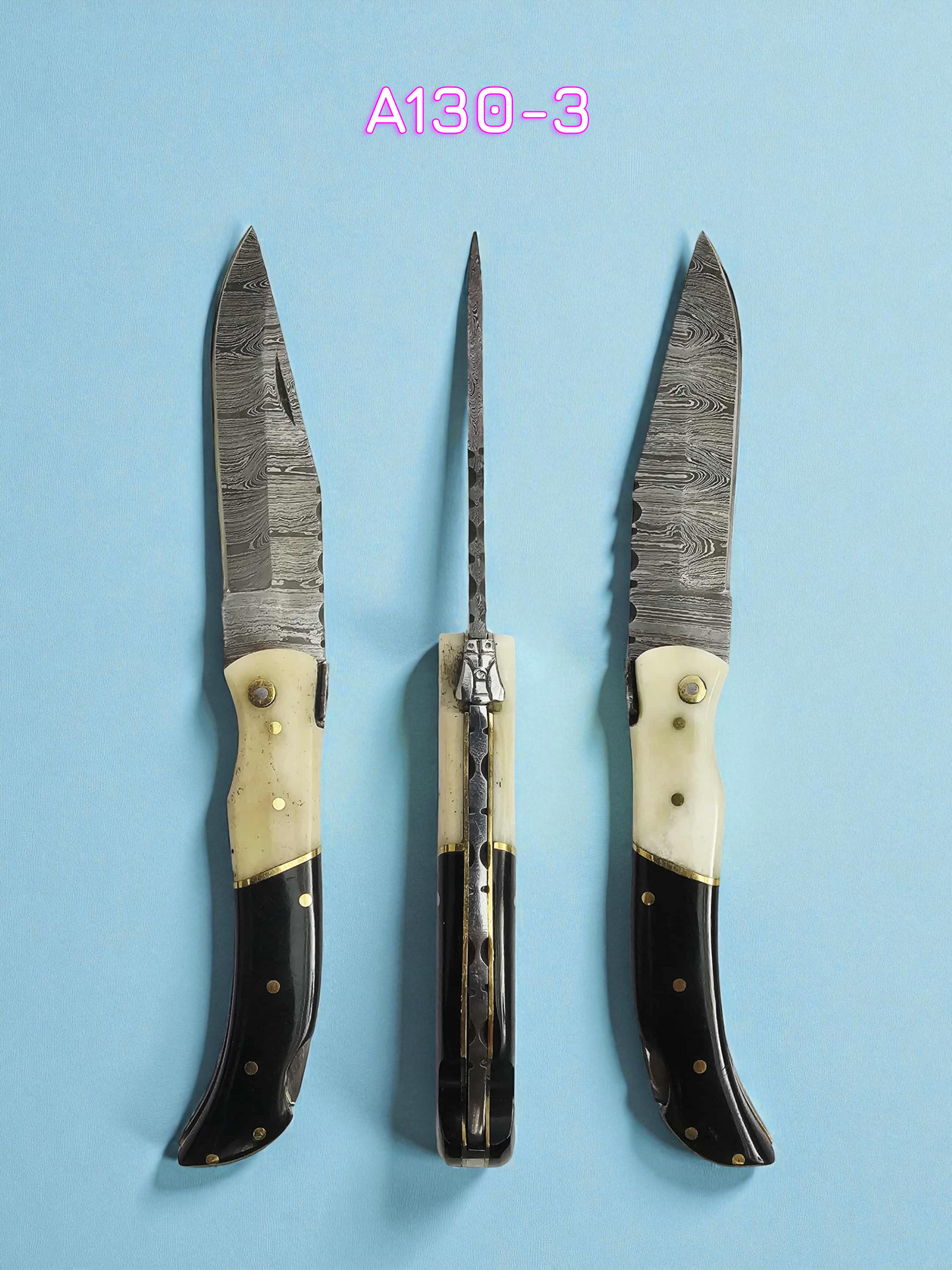 A130 Handmade Laguiole Élite - Damascus Steel - Camel Bone & Buffalo Horn