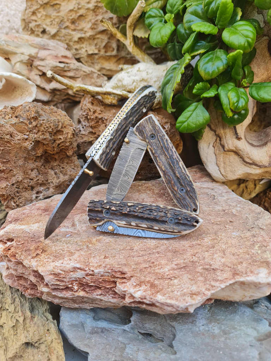 Handmade Classic Elegance – 19cm Folding Knife with Damascus Steel & Red Deer antler