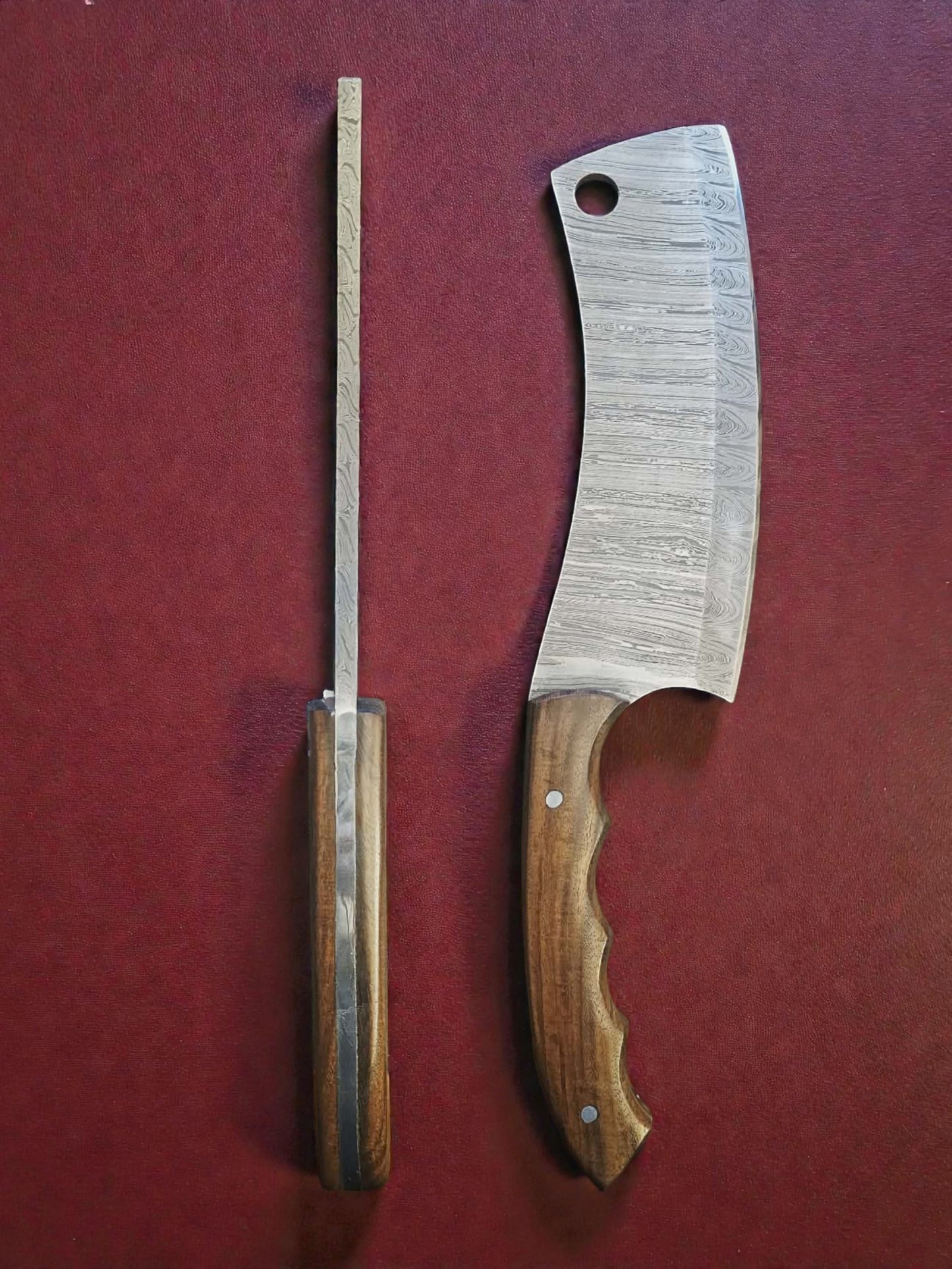 K006 - Χειροποίητη cleaver μπάρα από Δαμασκηνό ατσάλι, πάχους 7mm & Ξύλο καρυδιάς