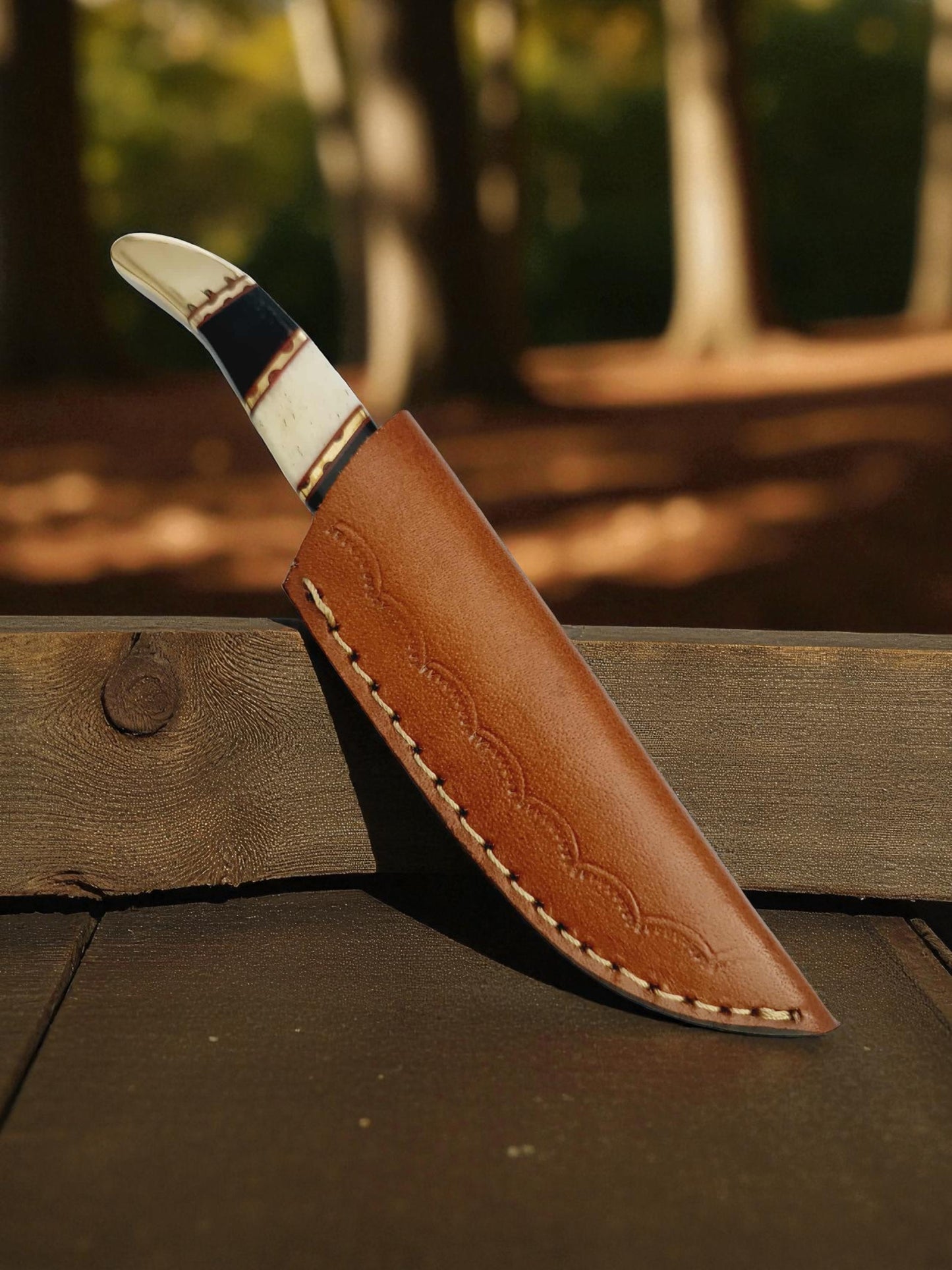 H119 Handmade Mini Hunting Knife - Damascus Steel - Buffalo Horn & Camel Bone