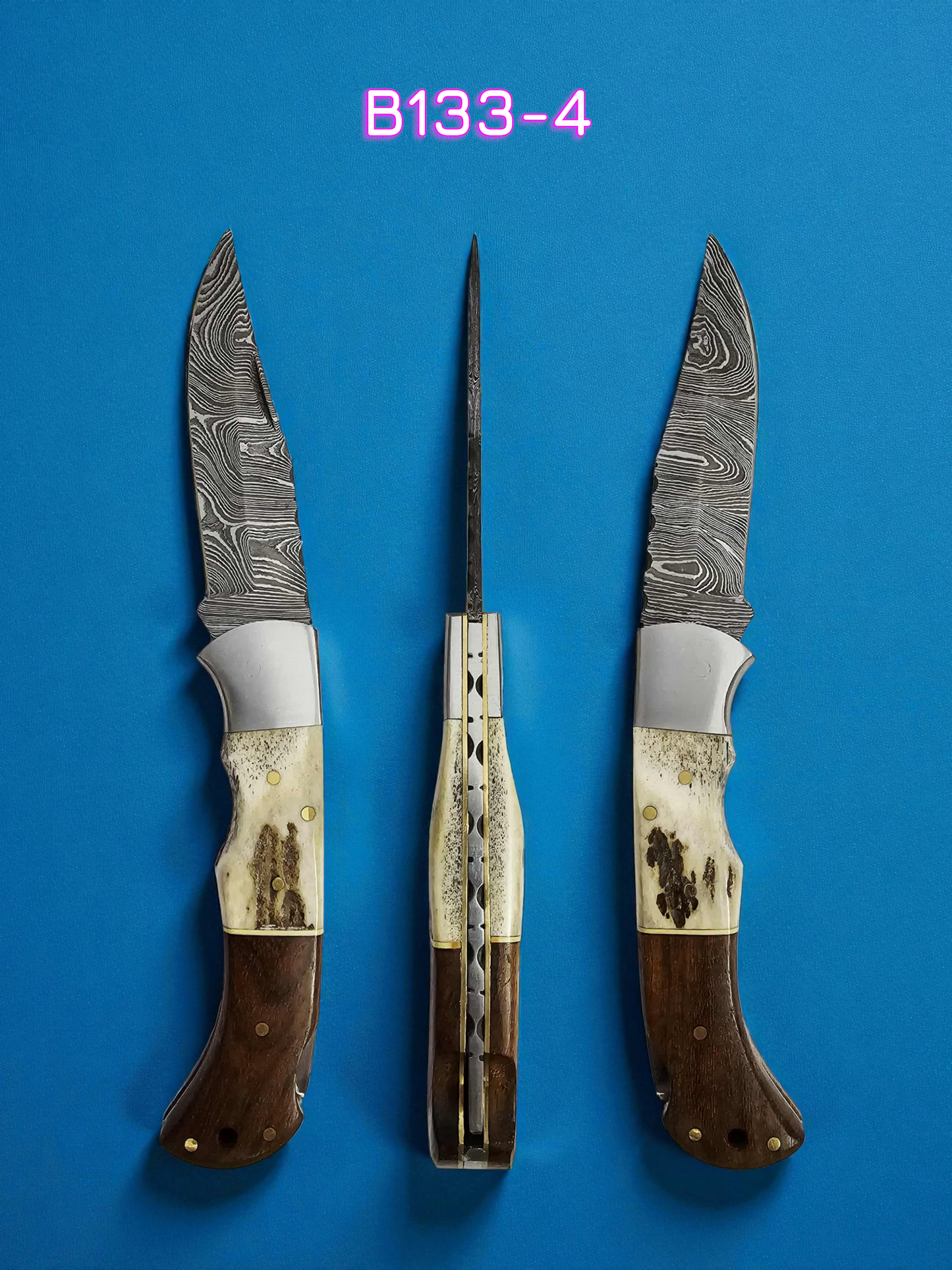 B133 Handmade Pocket Knife – Damascus Steel - Walnut Wood Red Deer Antler