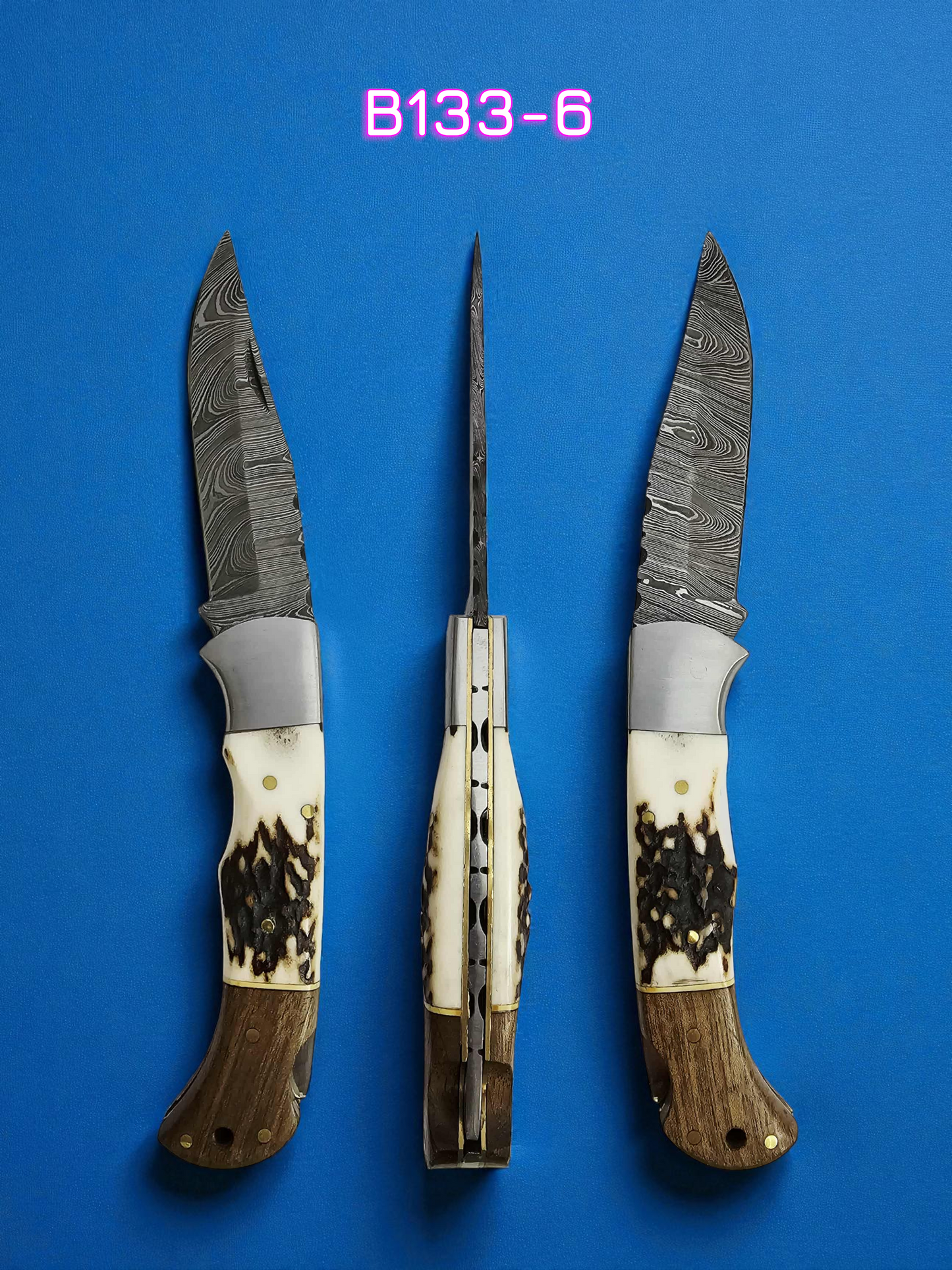 B133 Handmade Pocket Knife – Damascus Steel - Walnut Wood Red Deer Antler