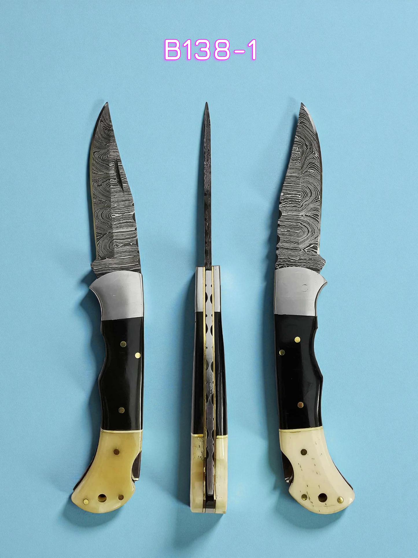 B138 Handmade Pocket Knife – Damascus Steel - Camel Bone & Buffalo Horn