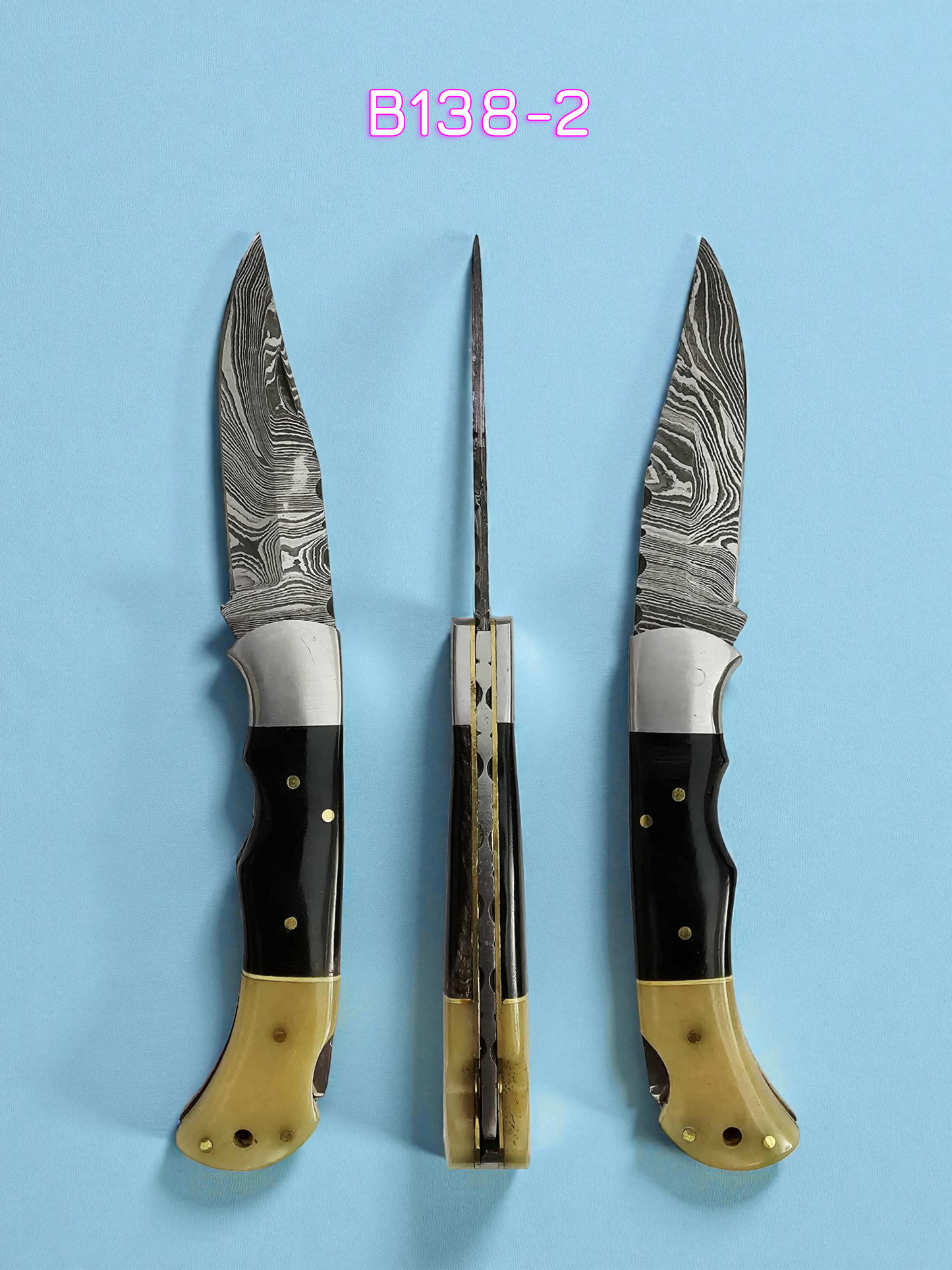 B138 Handmade Pocket Knife – Damascus Steel - Camel Bone & Buffalo Horn