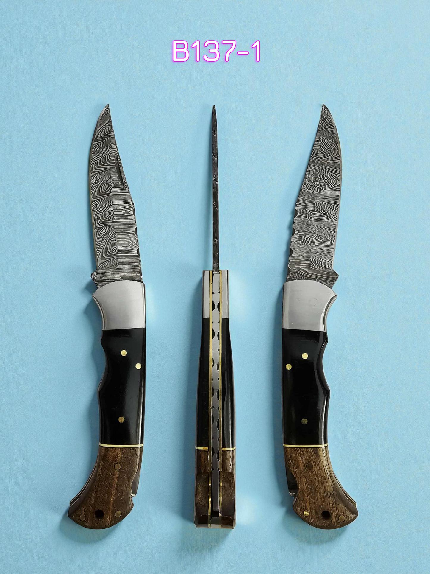 B137 Handmade Pocket Knife – Damascus Steel - Walnut Wood & Buffalo Horn