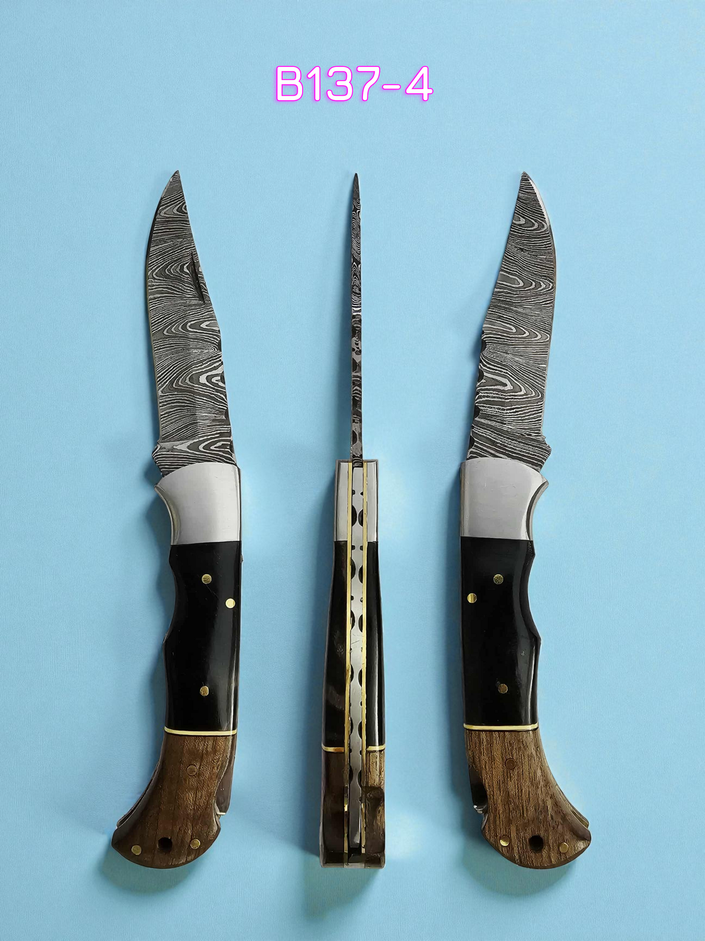 B137 Handmade Pocket Knife – Damascus Steel - Walnut Wood & Buffalo Horn