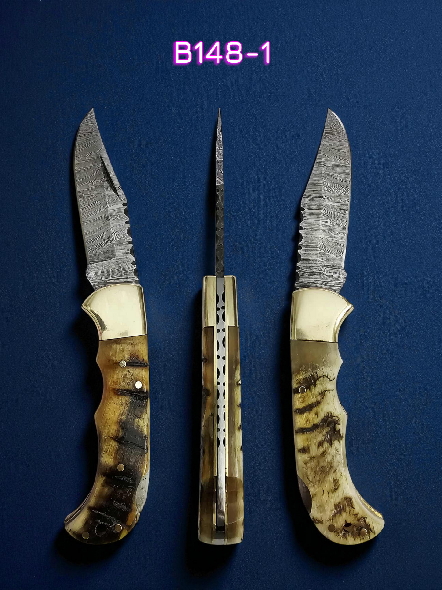 B148 Handmade Pocket Knife – Damascus Steel & Ram Horn