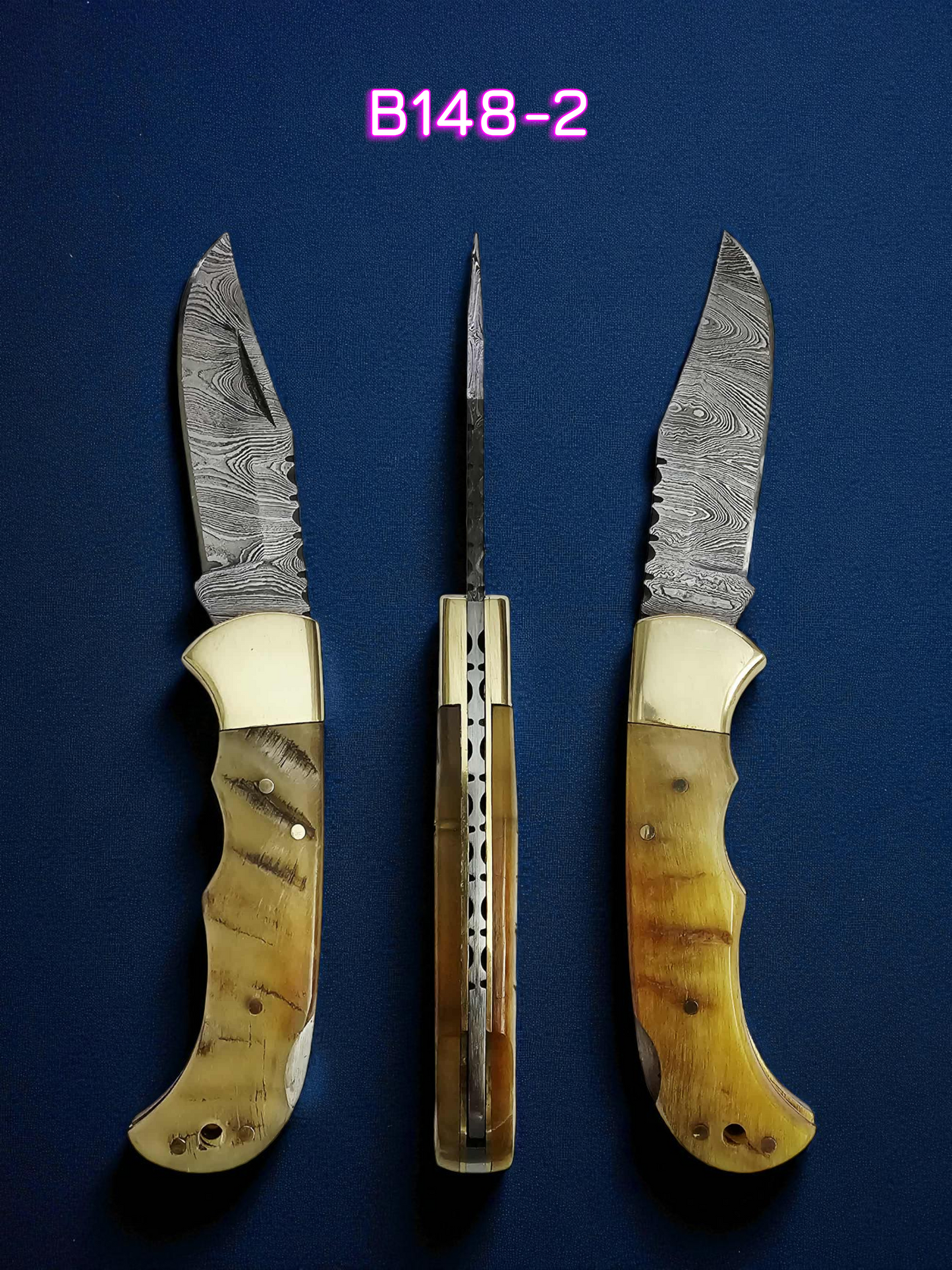 B148 Handmade Pocket Knife – Damascus Steel & Ram Horn