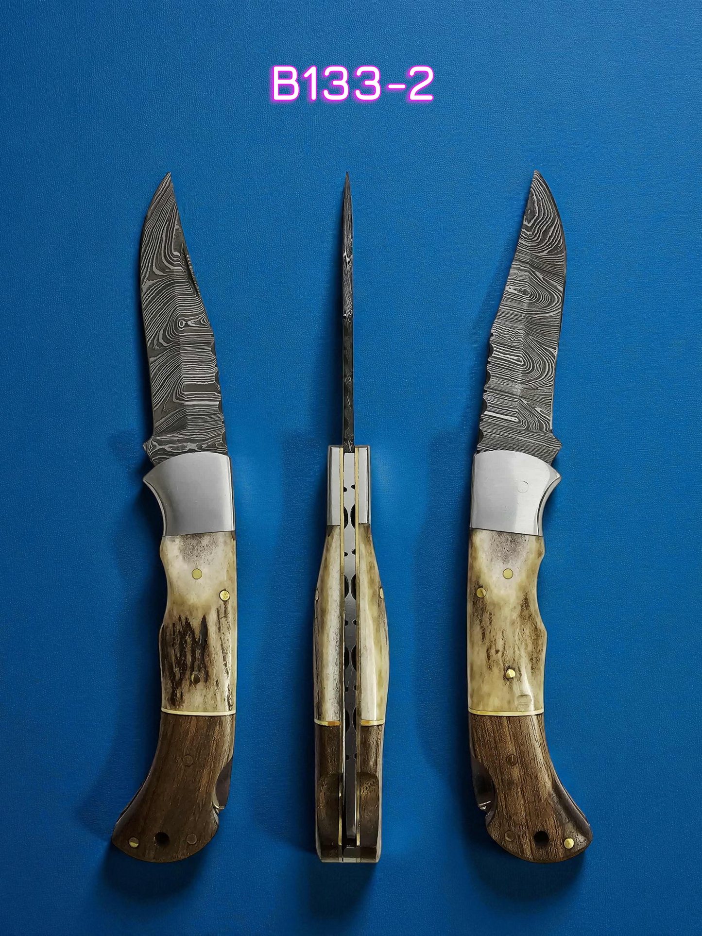 B133 Handmade Pocket Knife – Damascus Steel - Walnut Wood Red Deer Antler