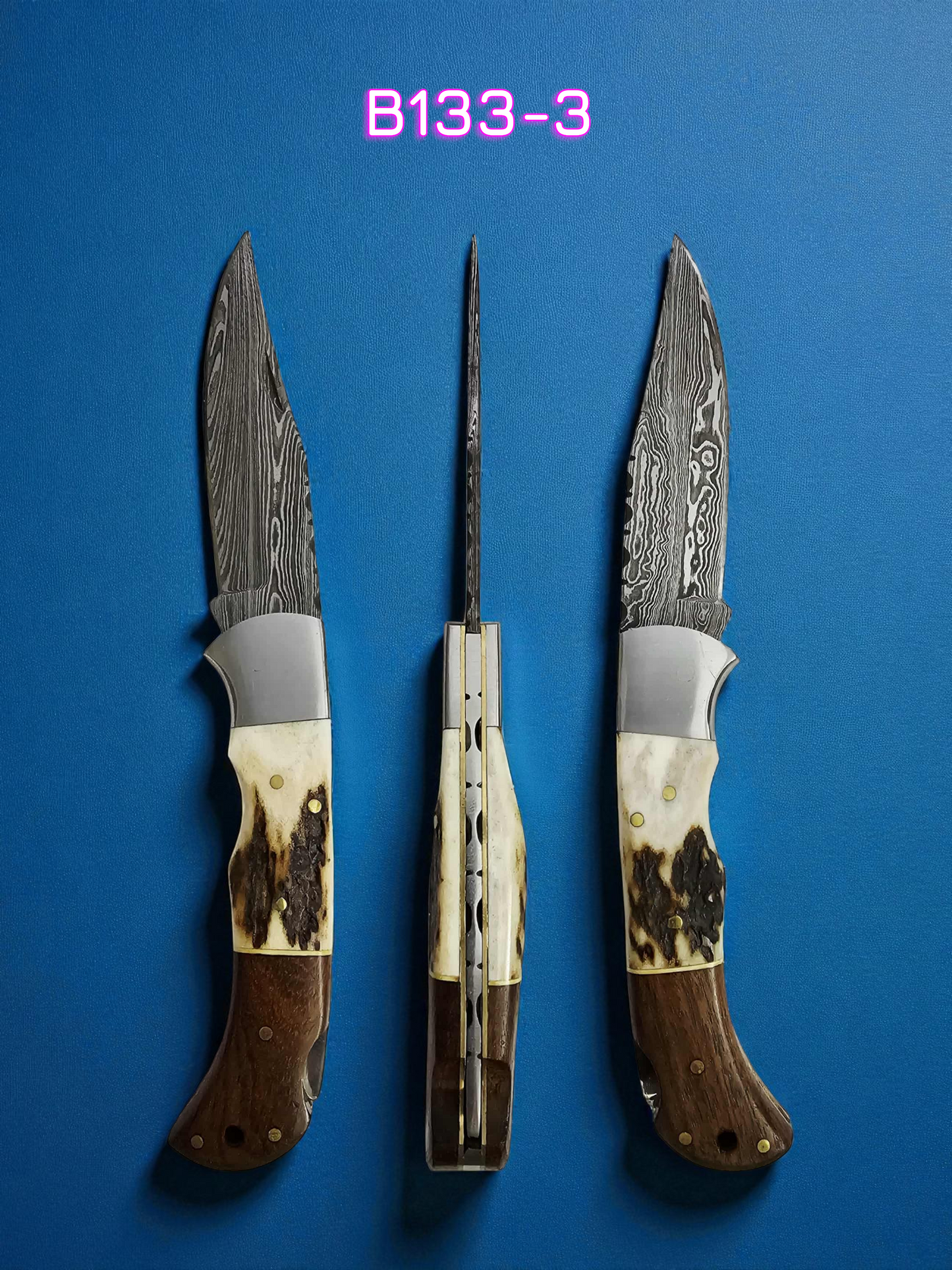 B133 Handmade Pocket Knife – Damascus Steel - Walnut Wood Red Deer Antler