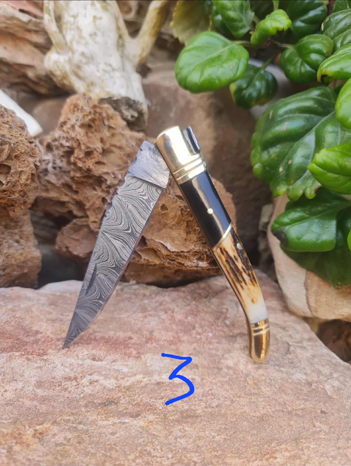 Handmade 22cm Laguiole Classique with Damascus Steel - Red Deer antler - Buffalo Horn & Brass