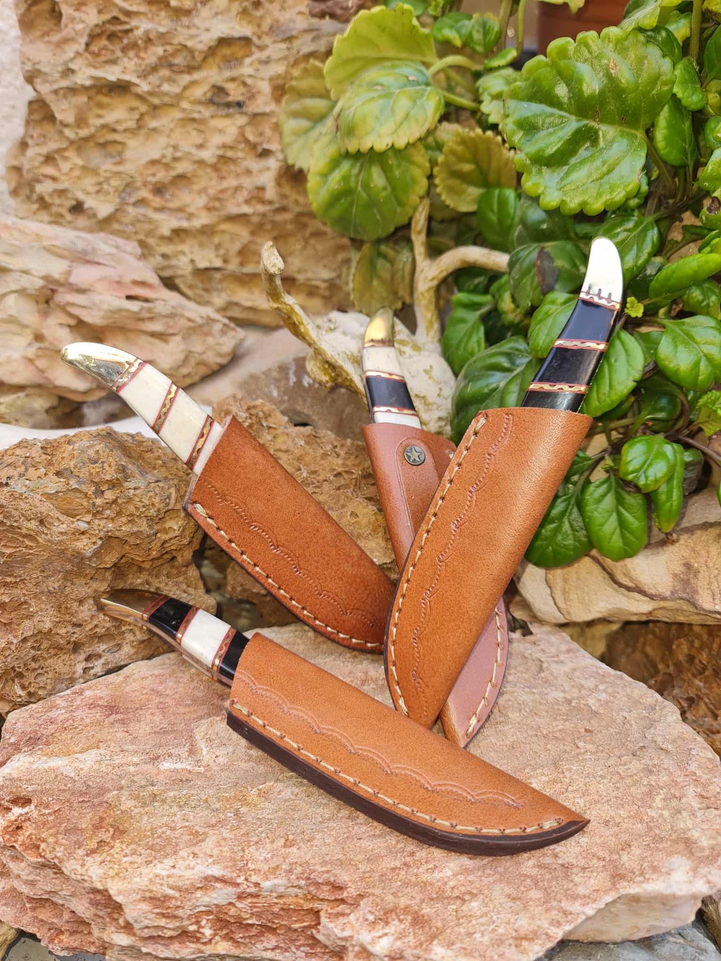 Handmade 18cm Mini Hunting Knife with Damascus Steel - Buffalo Horn - Camel Bone & Brass