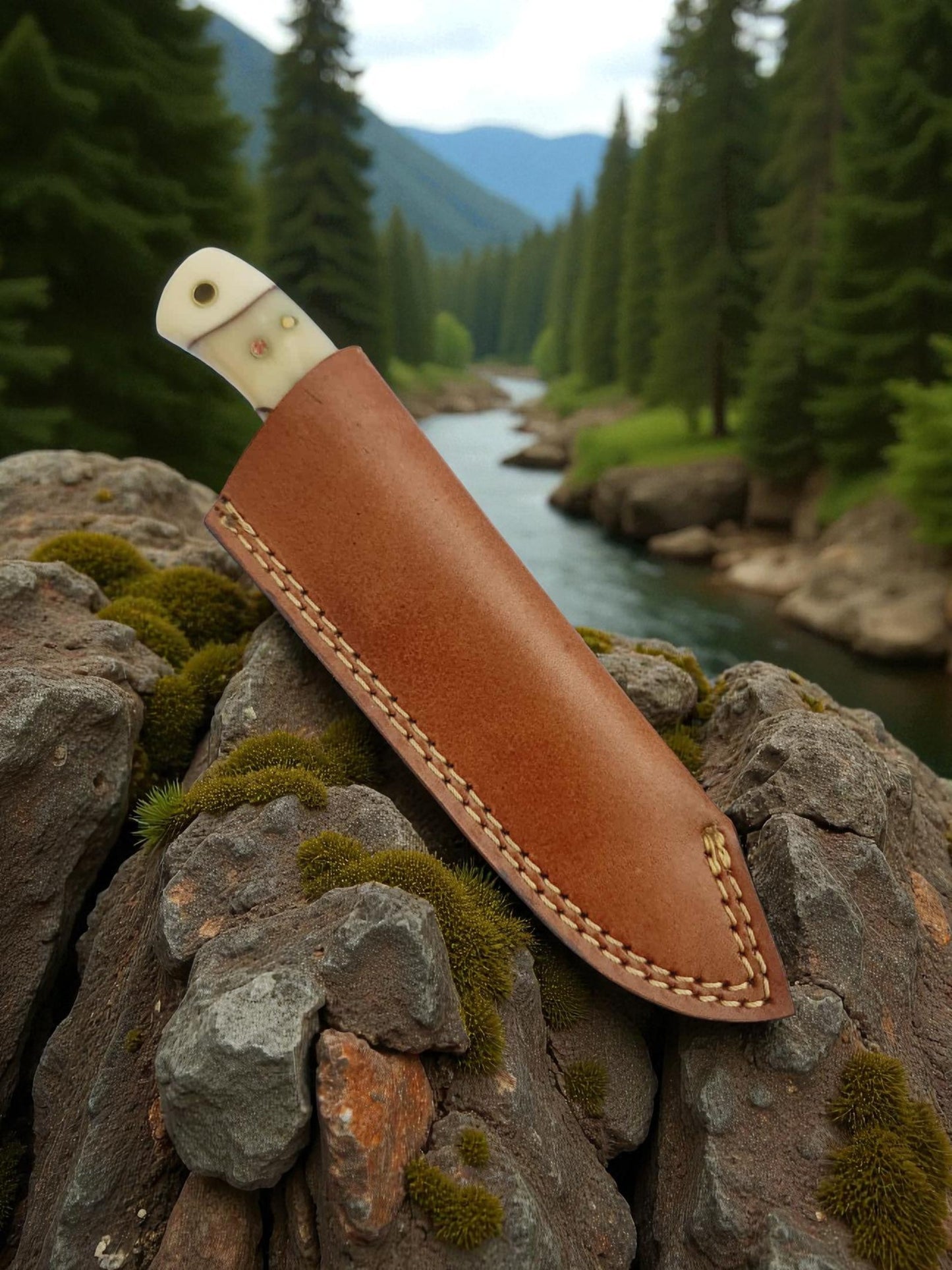 H114 Handmade Hunting Knife - Raindrop Damascus Steel & Camel Bone