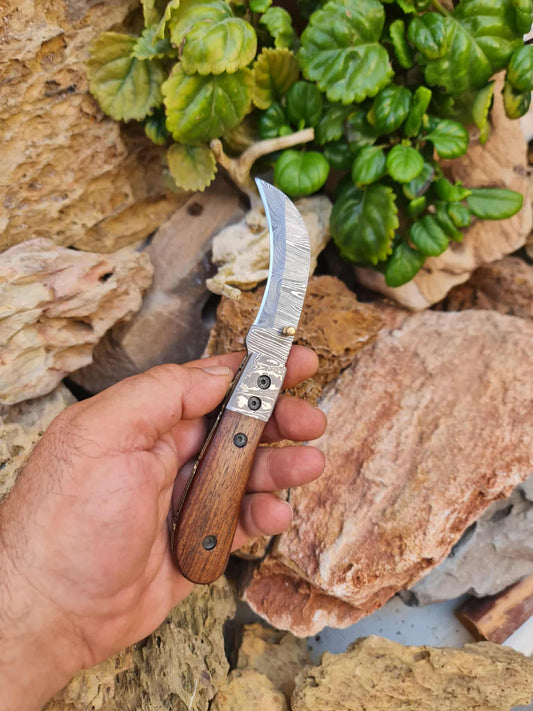 Handmade Hawkbill – 18cm Folding Knife with Damascus Steel & Walnut Wood