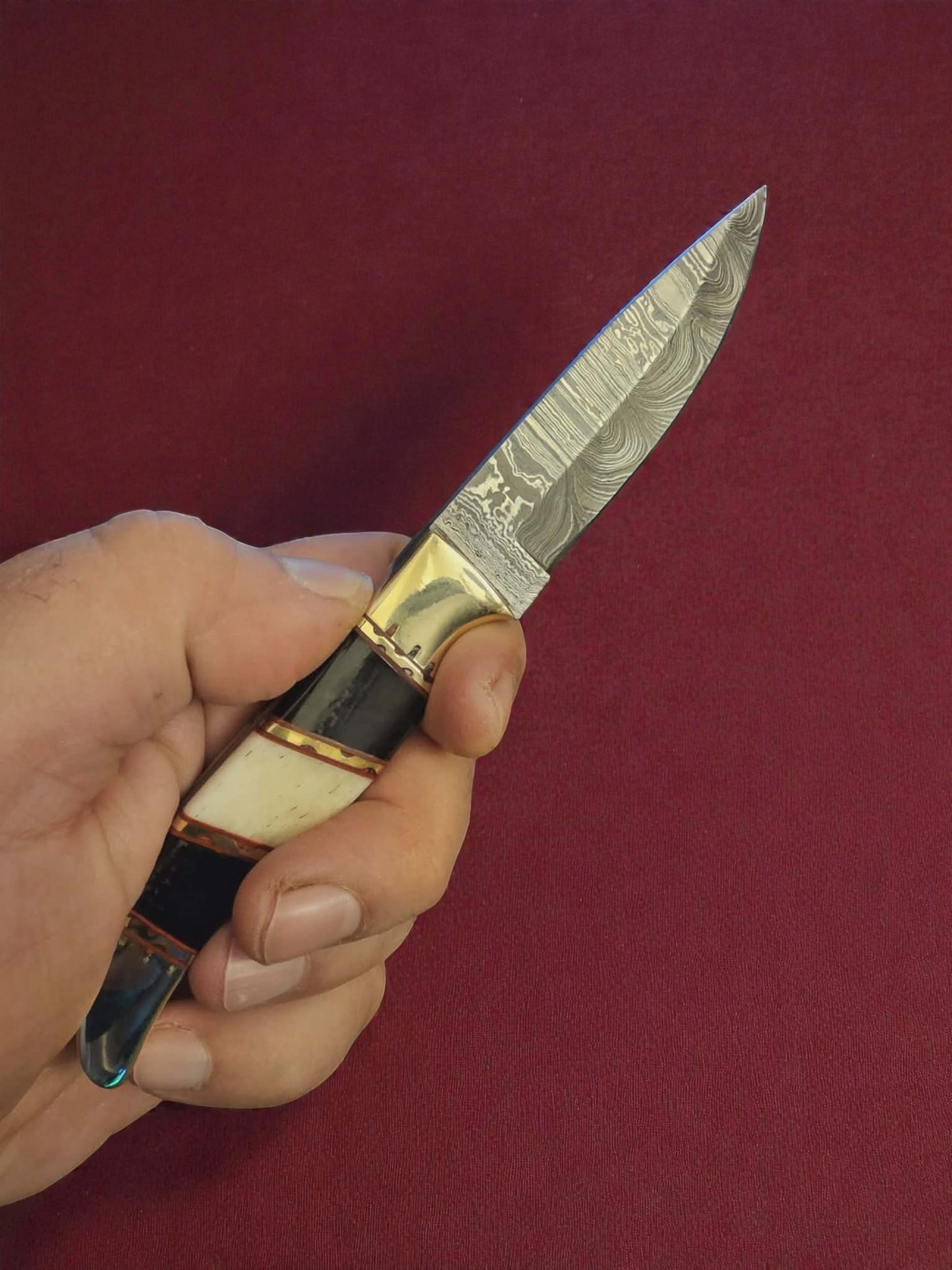 R018 - Χειροποίητο Mini Hunting Knife από Δαμασκηνό ατσάλι - Κέρατο βούβαλου & κόκκαλο καμήλας